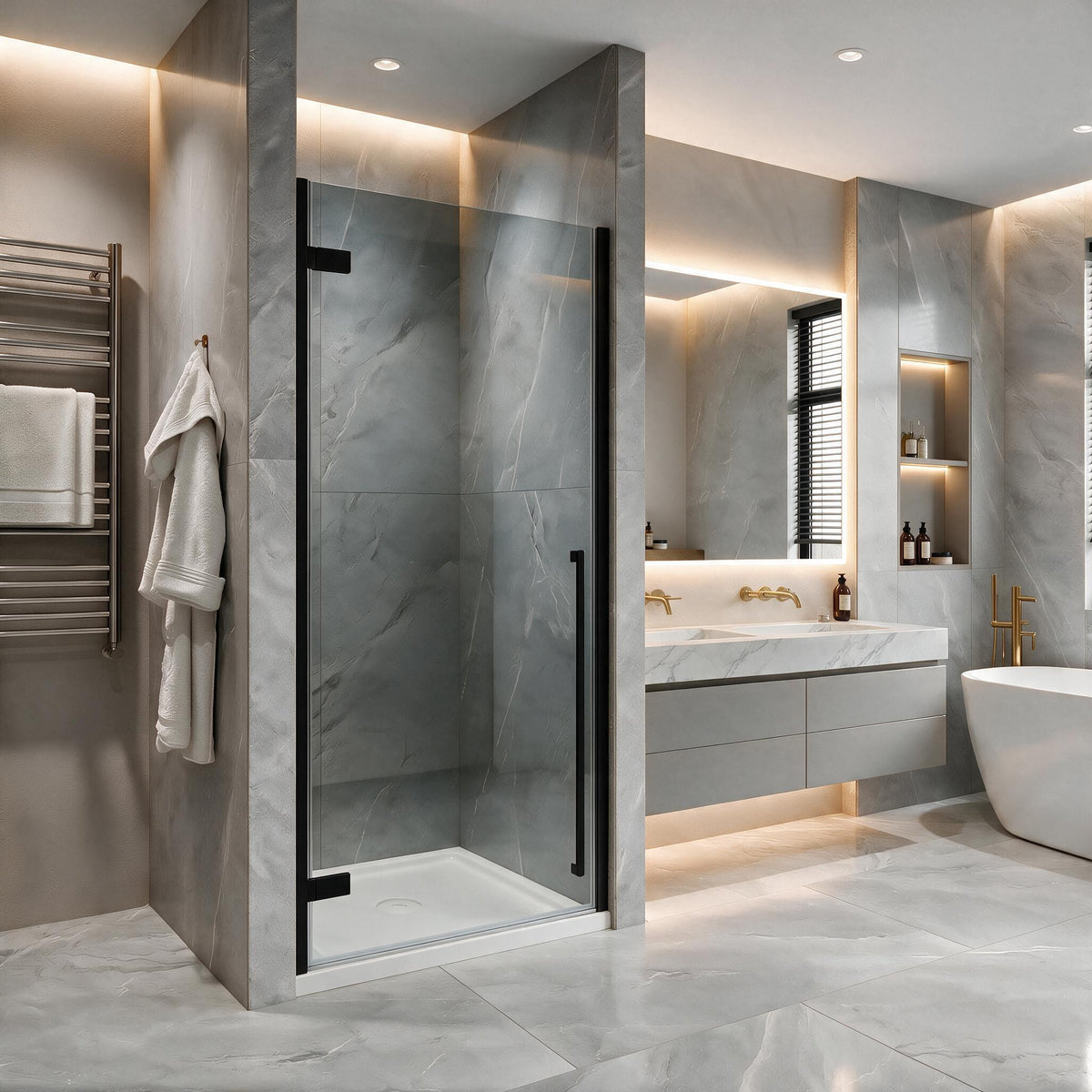 33.9"–34.3" W (Adjustable Width) x 79" H Frameless Reversible Pivot Shower Door in Matte Black with Black Tinted Glass & 36" White Acrylic Shower Base
