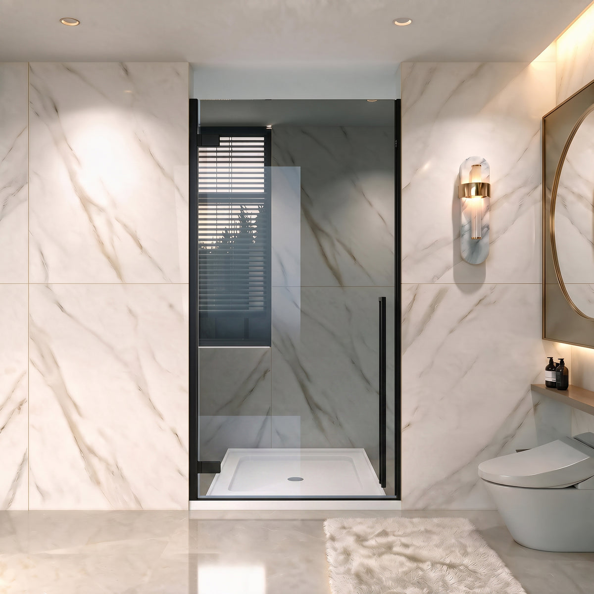 33.9"–34.3" W (Adjustable Width) x 79" H Frameless Reversible Pivot Shower Door in Matte Black with Black Tinted Glass & 36" White Acrylic Shower Base