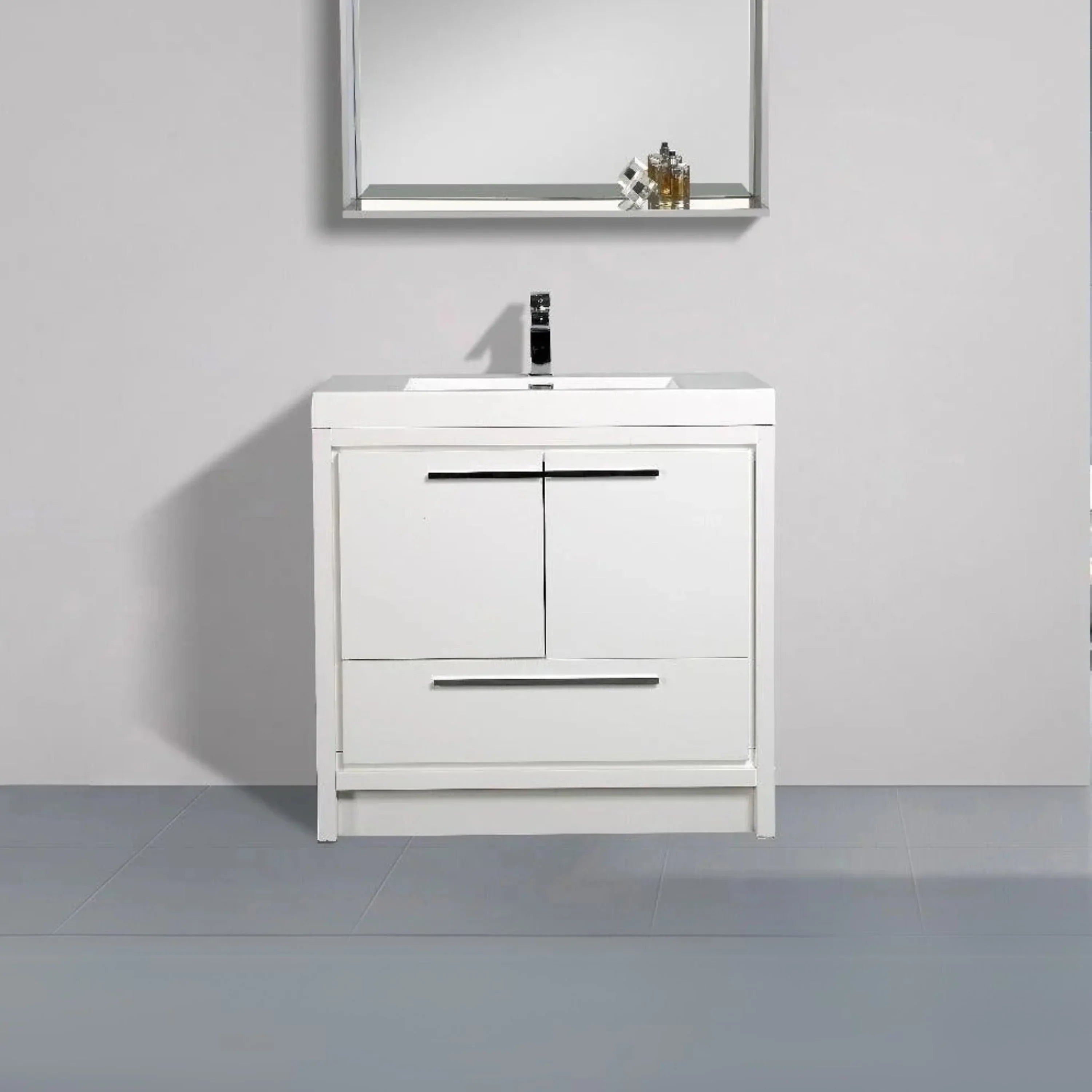 36" Glossy White Freestanding Bathroom Vanity with White Polymarble Countertop