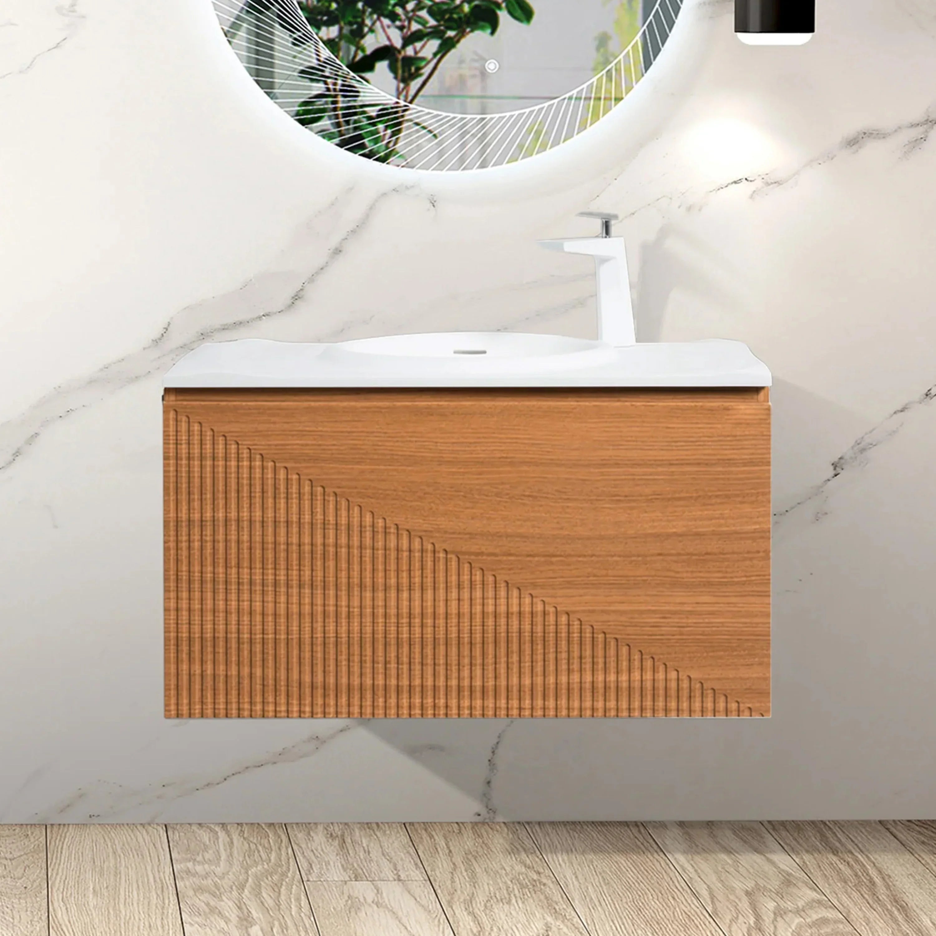 Meuble-Lavabo Mural 36po Chêne Clair avec Comptoir de Surface Solide Blanc