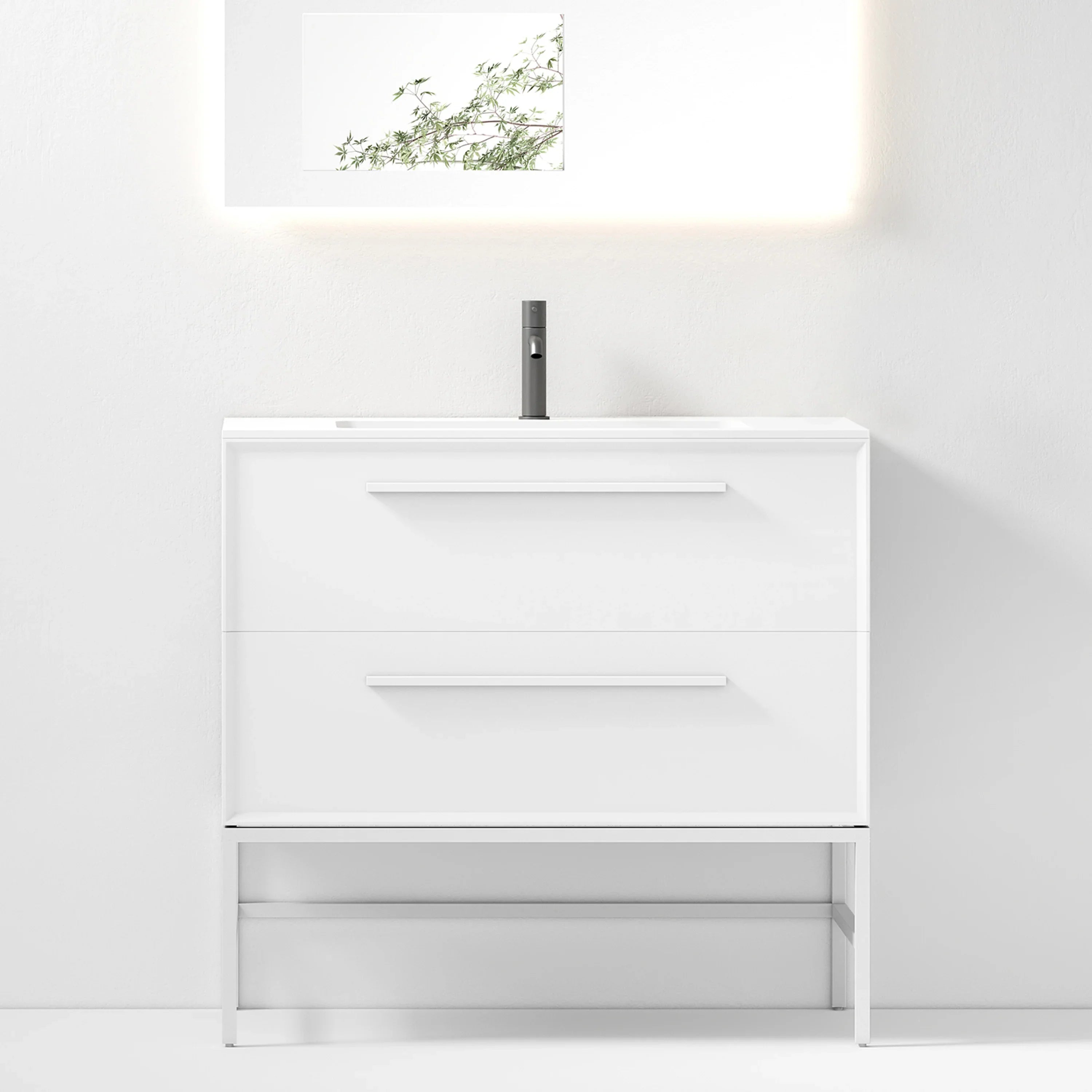 Meuble-Lavabo Mural 36po Blanc avec Comptoir de Surface solide Blanc Mat