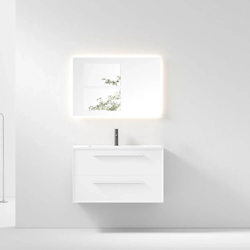 36 White Wall Mount Single Sink Bathroom Vanity with Matte White Solid Surface Countertop