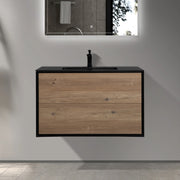 36" Black & Rough Oak Wall Mount Bathroom Vanity with Black Engineered Quartz Countertop Fleur