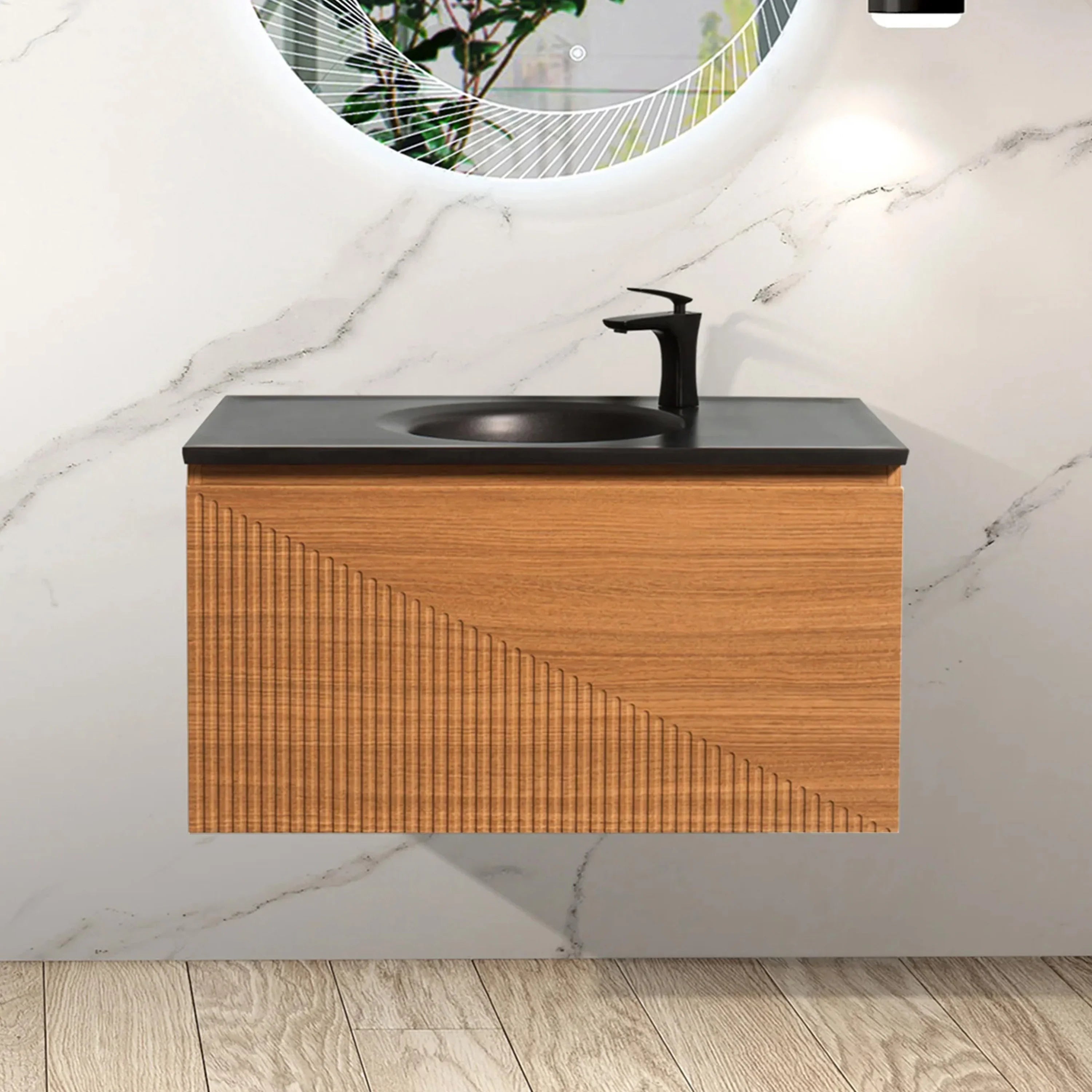 Meuble-Lavabo Mural 36po Chêne Clair avec Comptoir de Quartz d'ingénierie Noir