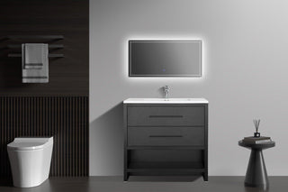 36" Black Rough Oak Freestanding Bathroom Vanity with White Polymarble Countertop - Golden Elite Deco