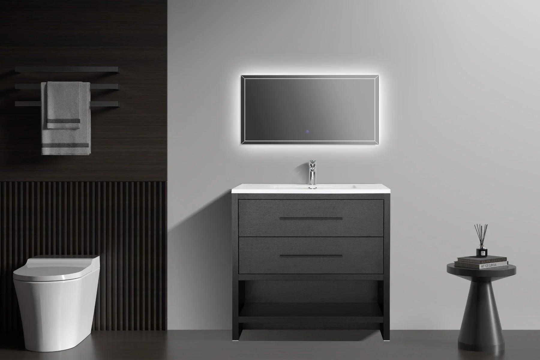 36" Black Rough Oak Freestanding Bathroom Vanity with White Polymarble Countertop - Golden Elite Deco