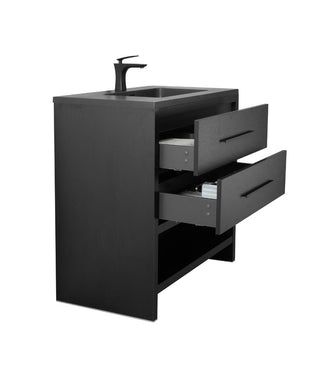 36" Black Rough Oak Freestanding Bathroom Vanity with Black Engineered Quartz Countertop - Golden Elite Deco