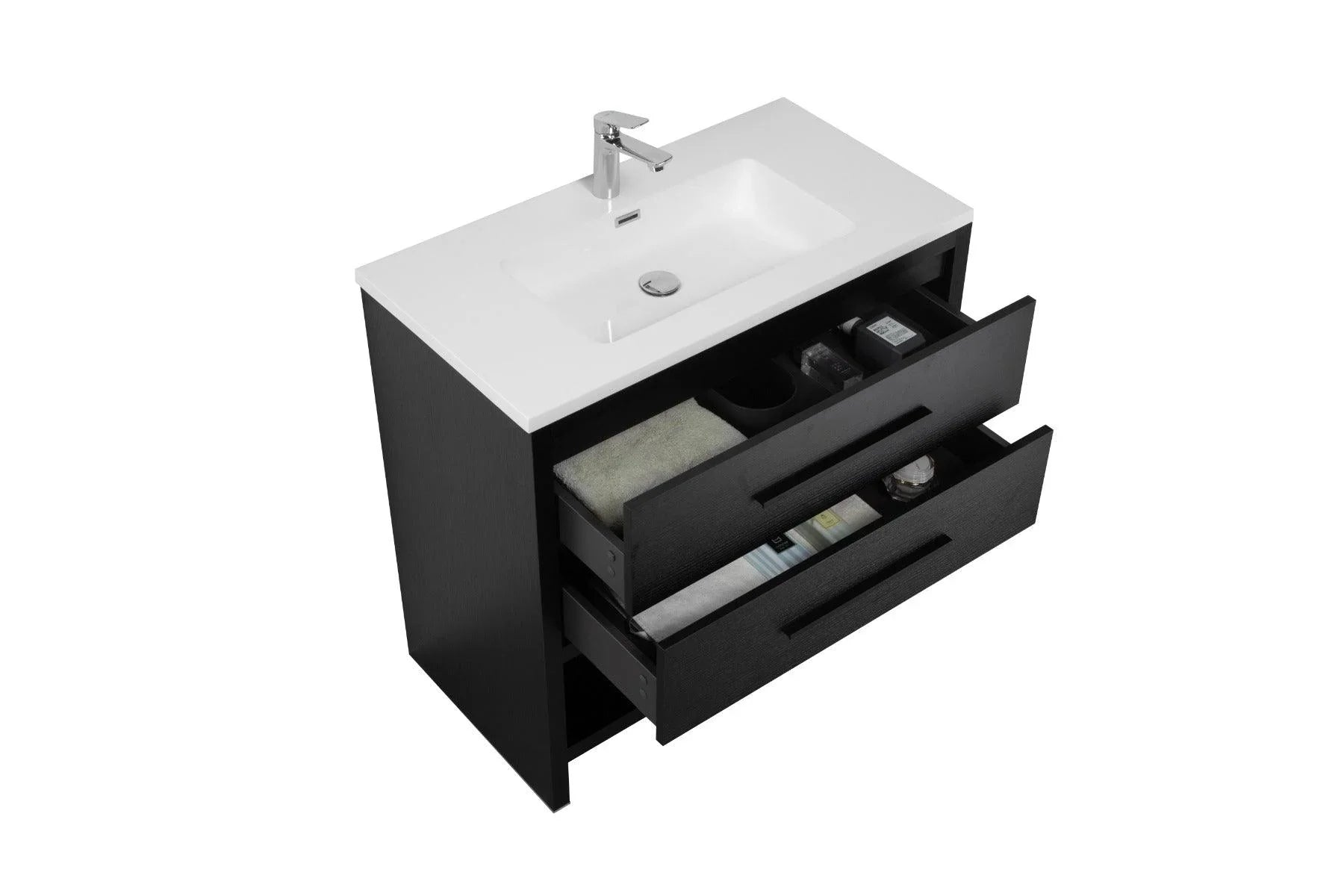 36" Black Rough Oak Freestanding Bathroom Vanity with White Polymarble Countertop - Golden Elite Deco