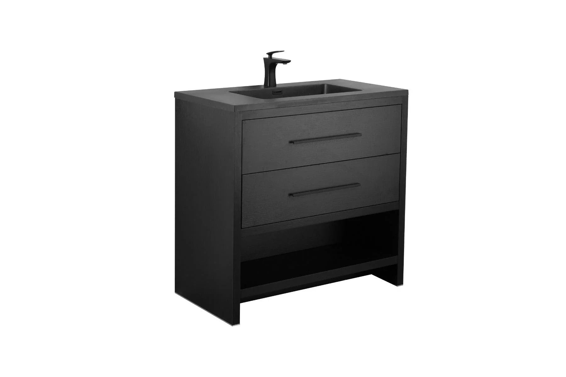 36" Black Rough Oak Freestanding Bathroom Vanity with Black Engineered Quartz Countertop - Golden Elite Deco
