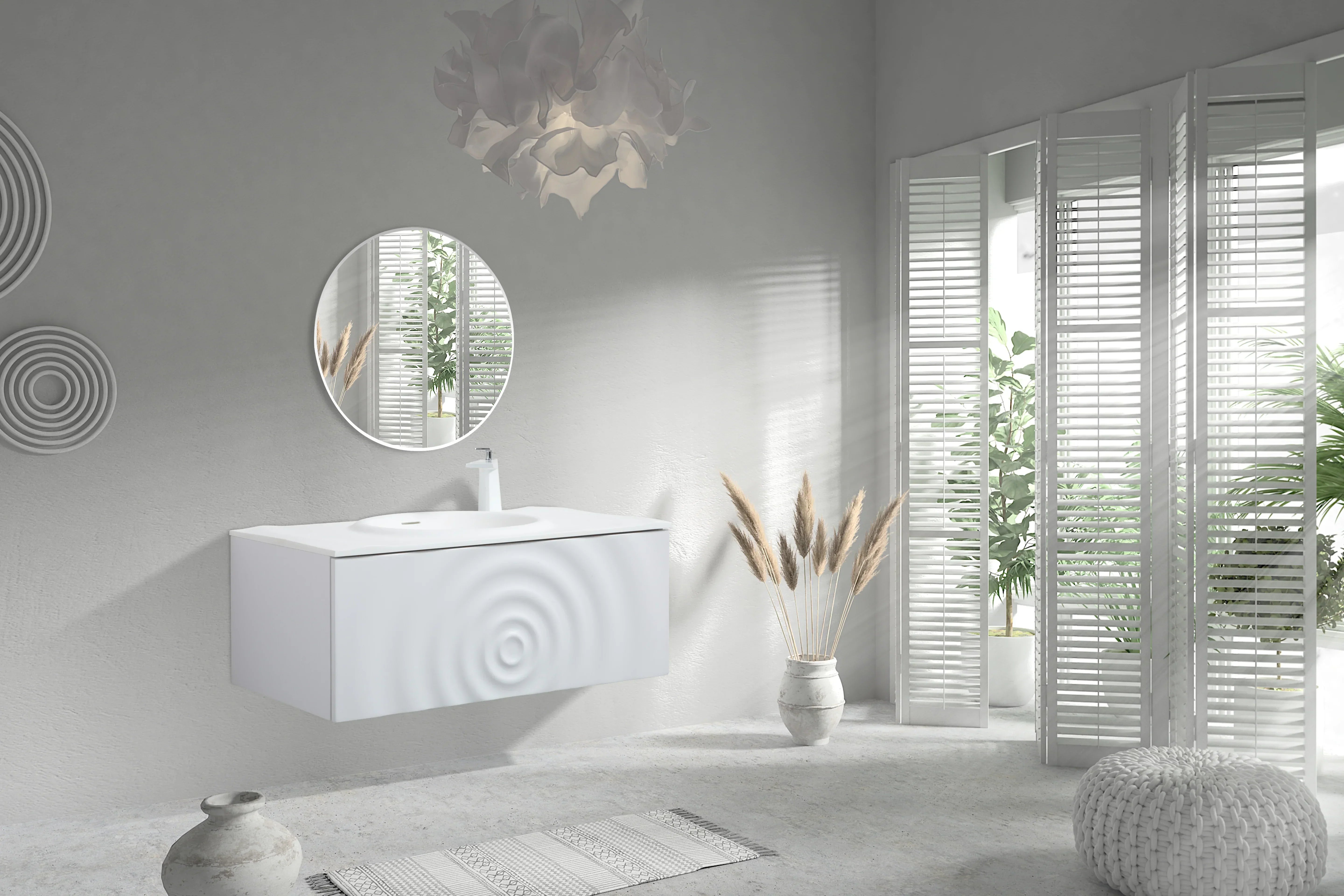 36" Matte White Wall-Mount Single Sink Bathroom Vanity with Solid Surface Countertop