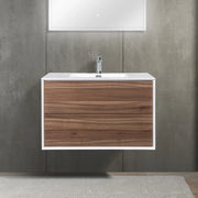 Meuble-lavabo mural en noyer de 36" avec Comptoir en polymarbre blanc