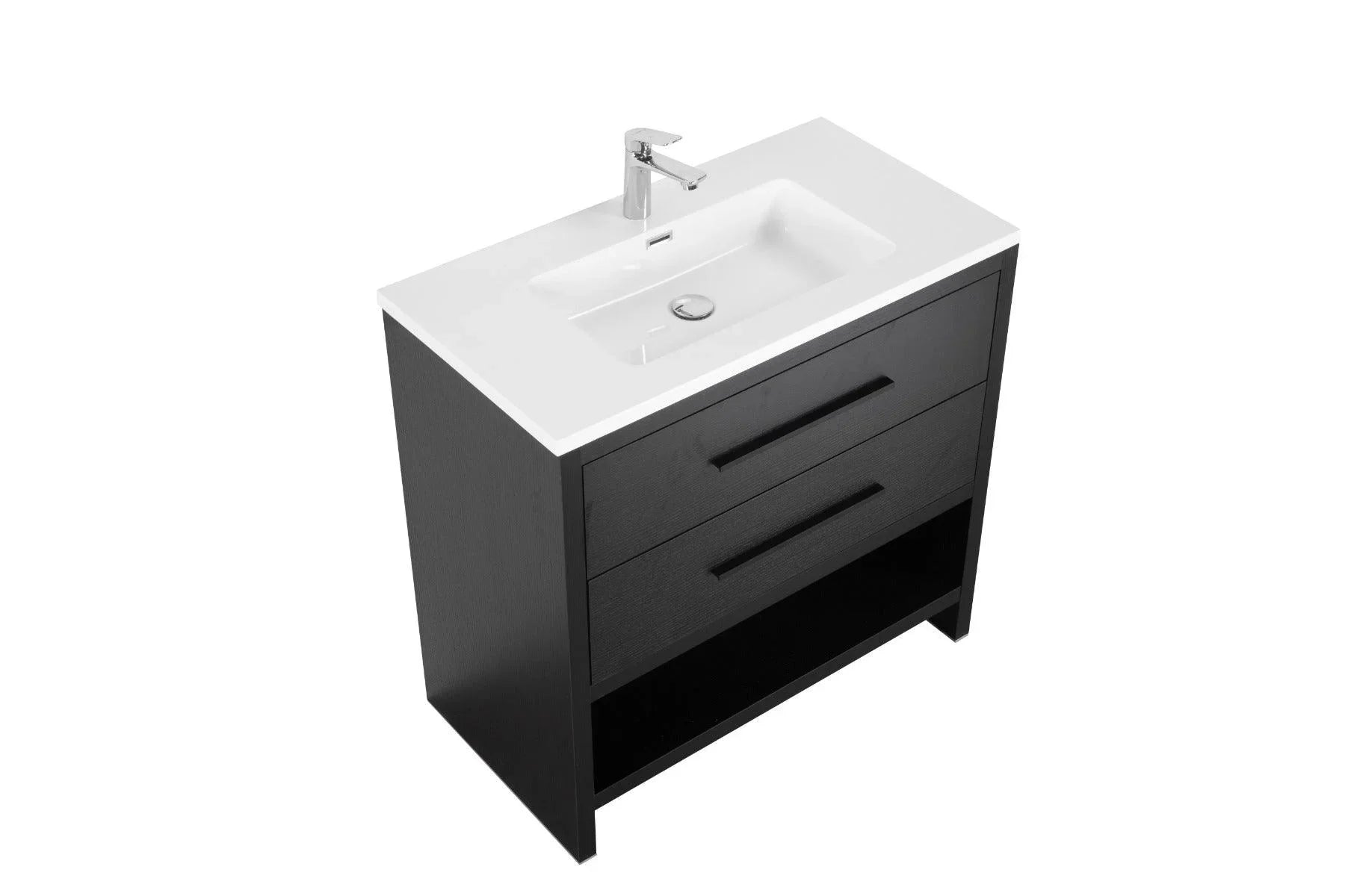 36" Black Rough Oak Freestanding Bathroom Vanity with White Polymarble Countertop - Golden Elite Deco