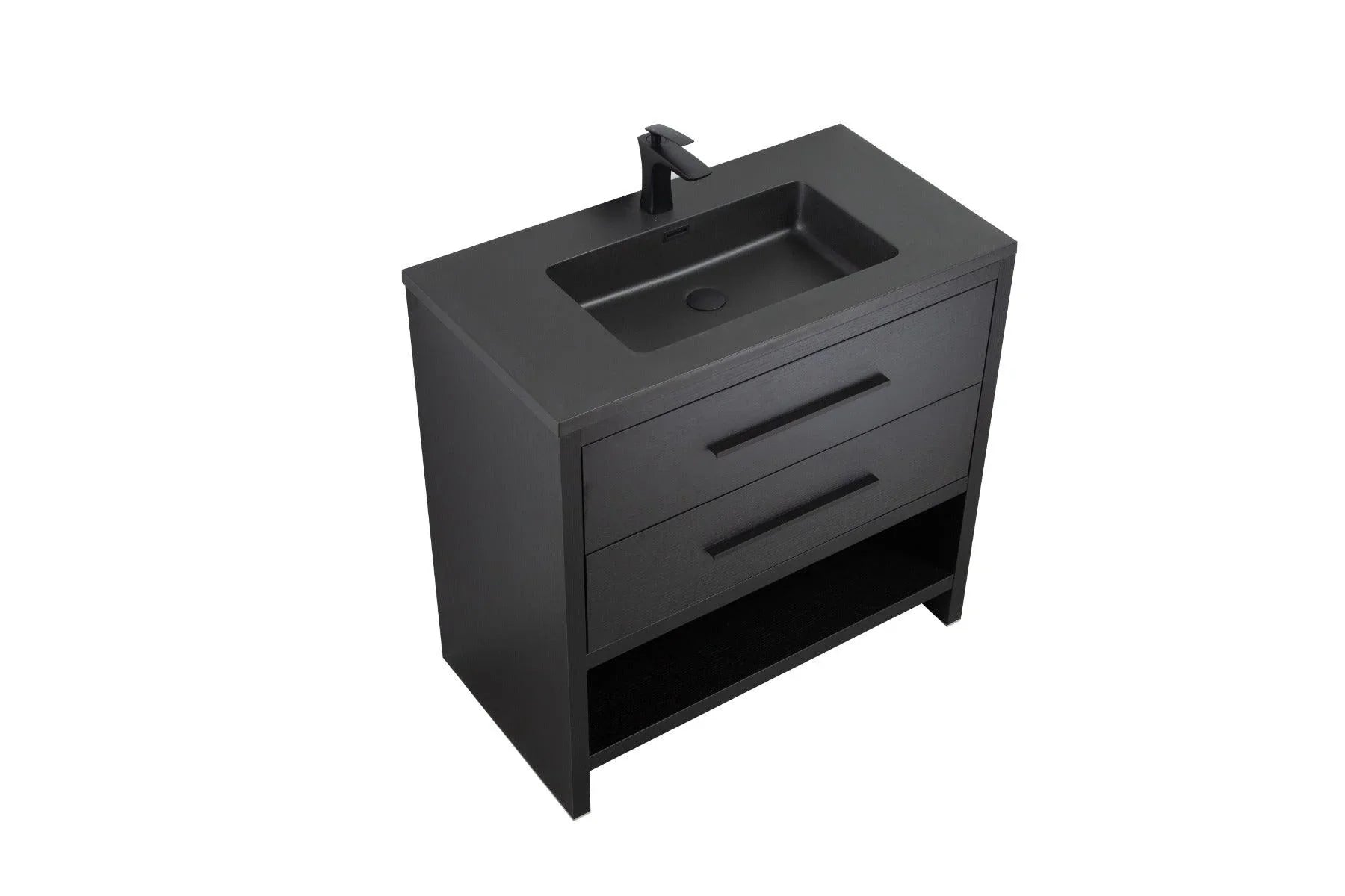 36" Black Rough Oak Freestanding Bathroom Vanity with Black Engineered Quartz Countertop - Golden Elite Deco