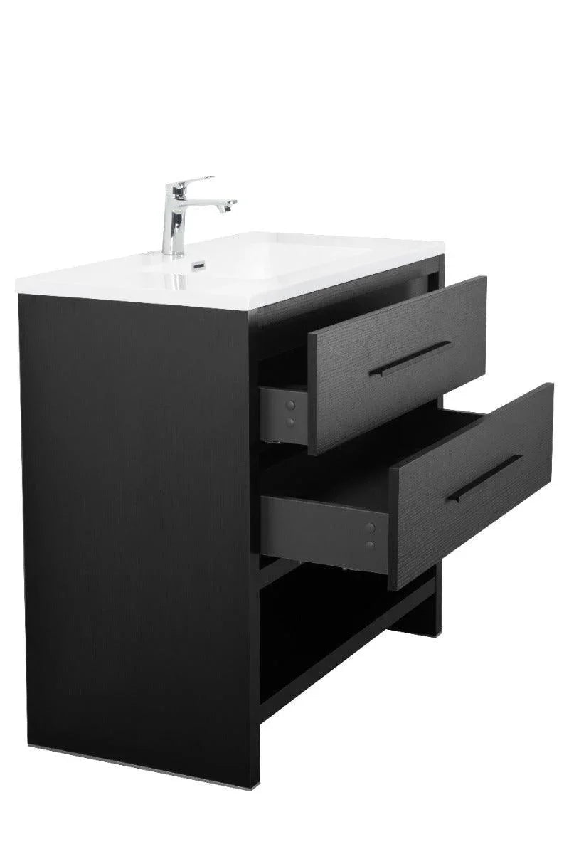 36" Black Rough Oak Freestanding Bathroom Vanity with White Polymarble Countertop - Golden Elite Deco