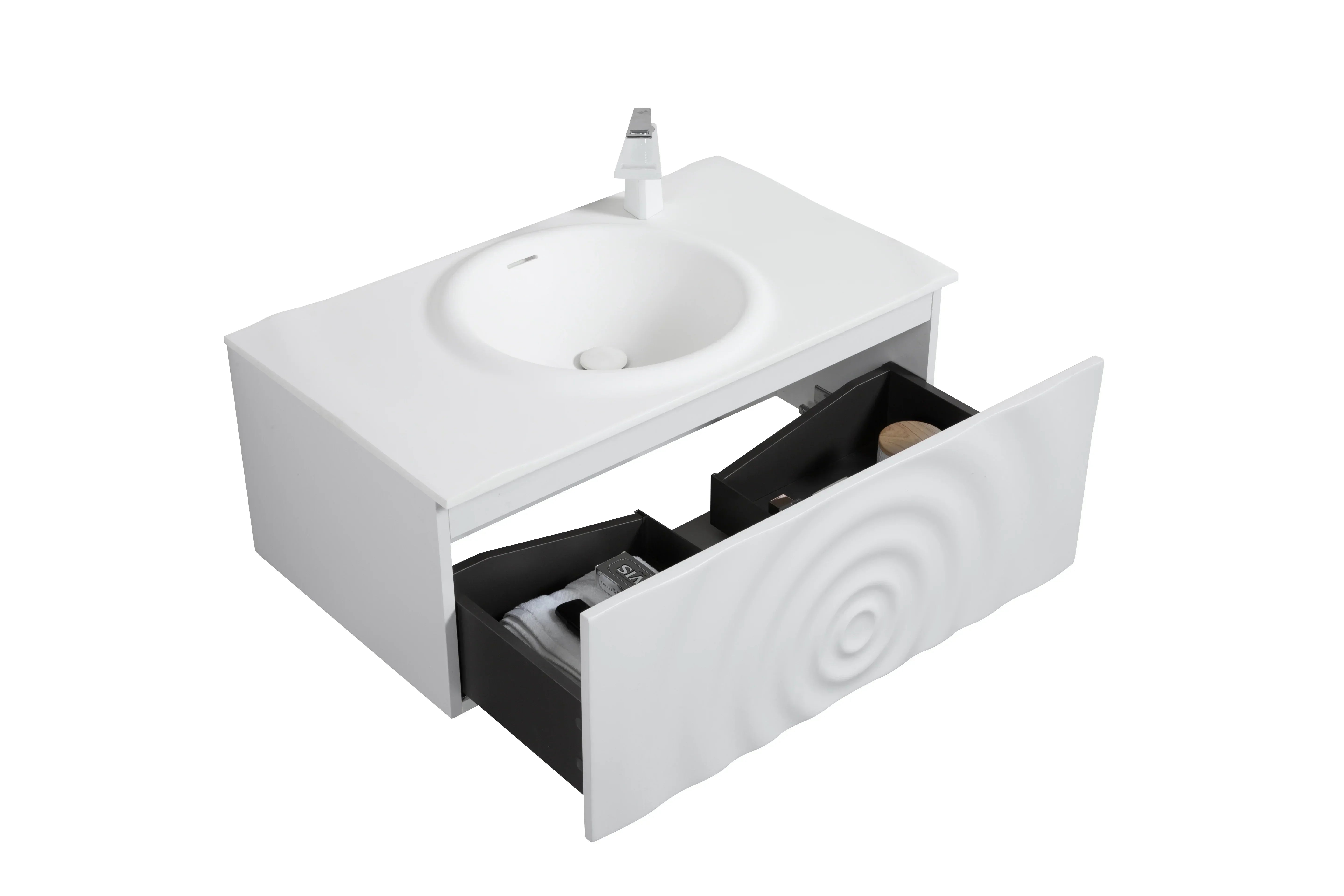 36" Matte White Wall-Mount Single Sink Bathroom Vanity with Solid Surface Countertop