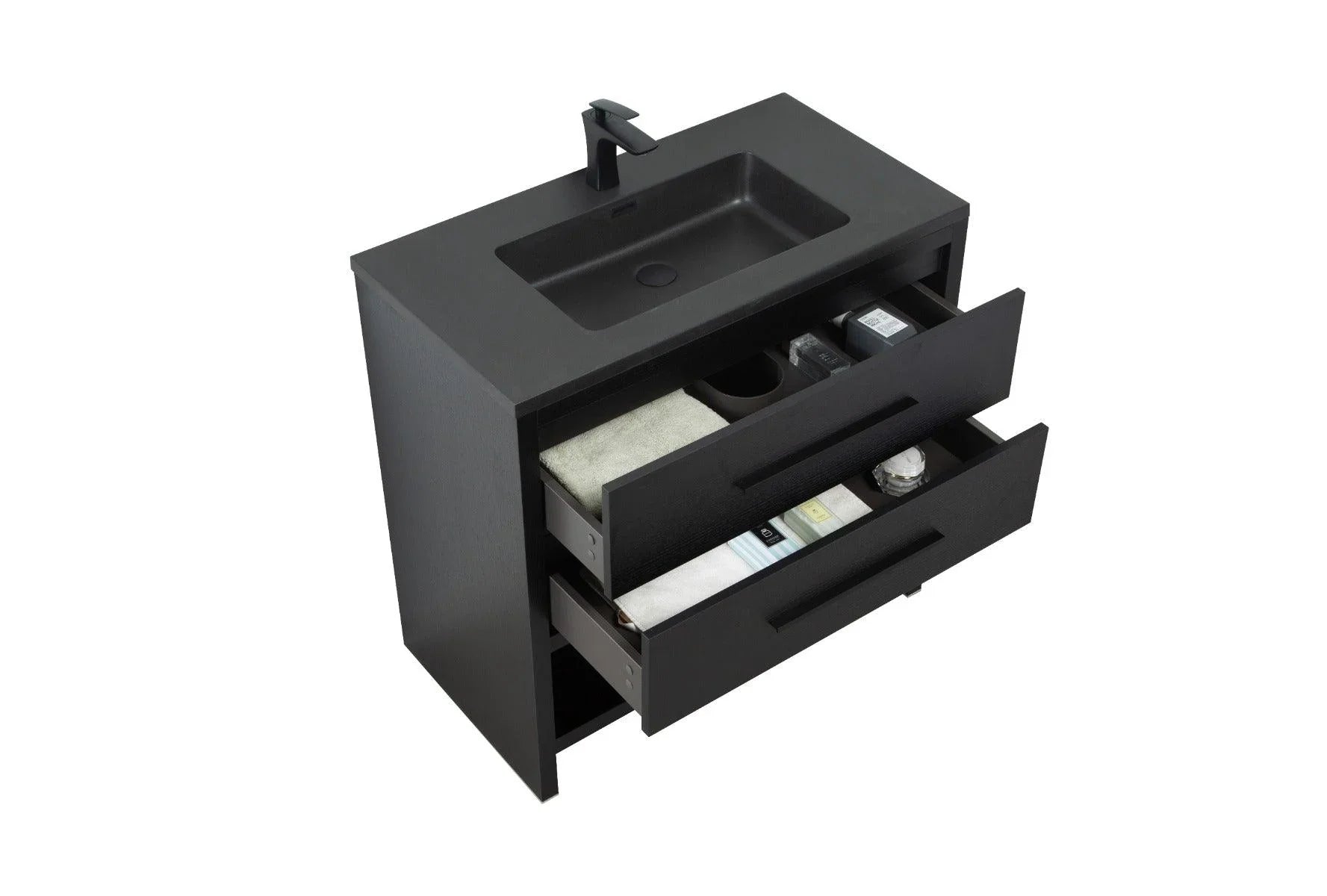 36" Black Rough Oak Freestanding Bathroom Vanity with Black Engineered Quartz Countertop - Golden Elite Deco