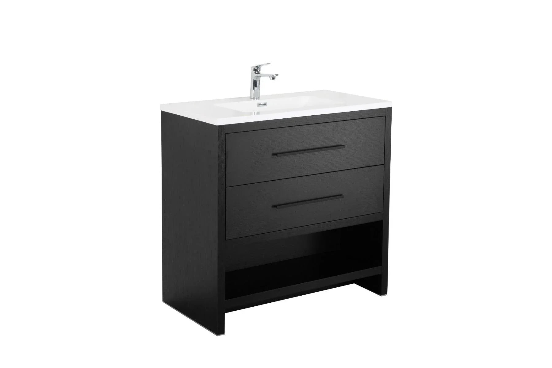 36" Black Rough Oak Freestanding Bathroom Vanity with White Polymarble Countertop - Golden Elite Deco
