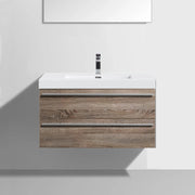 36" Soft Oak Wall Mount Bathroom Vanity with White Polymarble Countertop