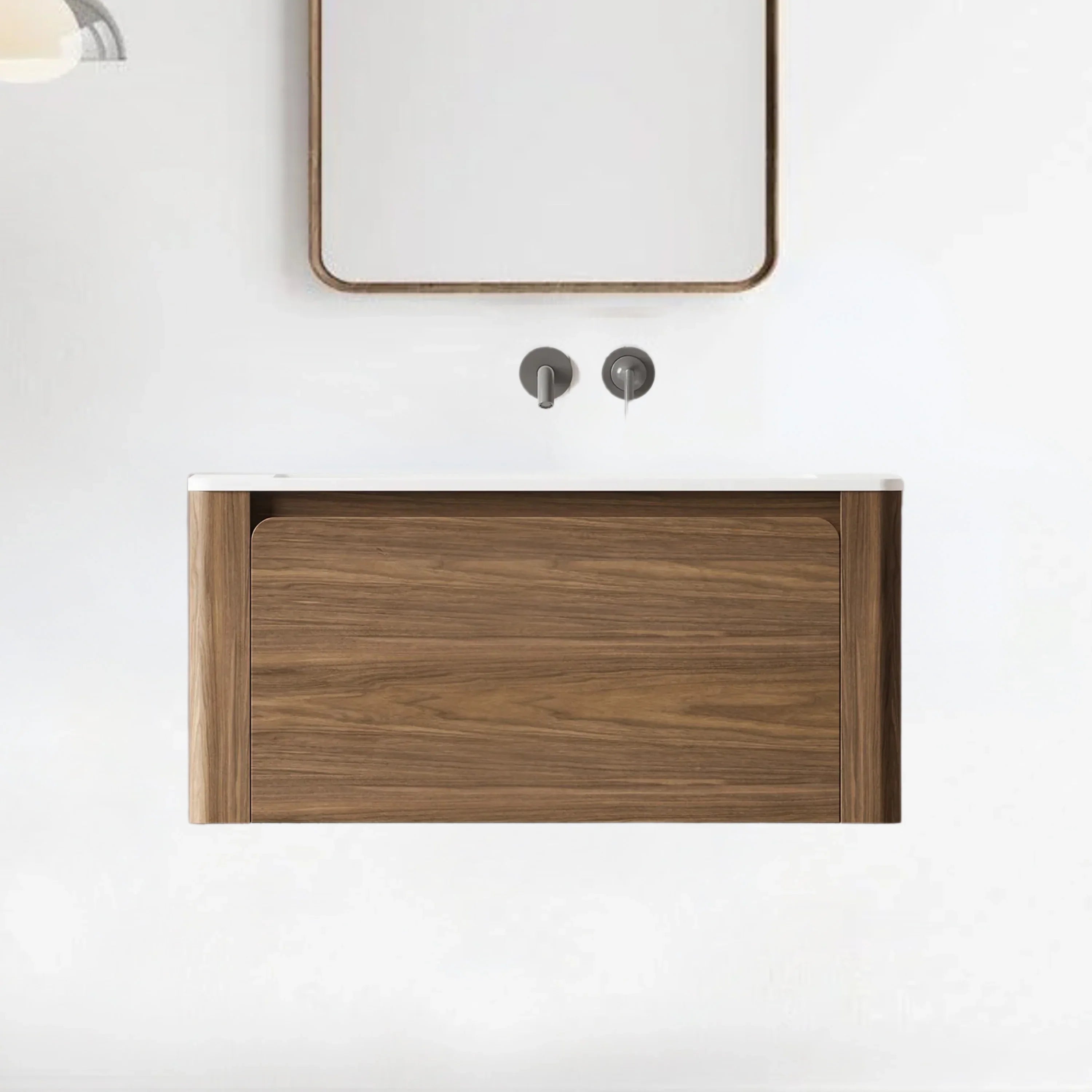 36" Walnut Wall Mount Bathroom Vanity with Matte White Solid Surface Countertop