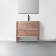 36" Natural Walnut Freestanding Bathroom Vanity with White Solid Surface Countertop
