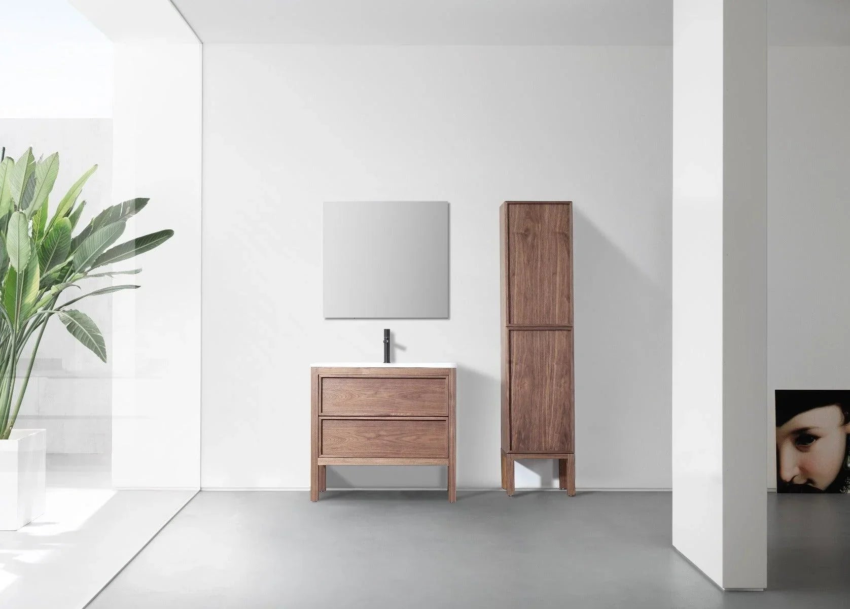 36" Natural Walnut Freestanding Bathroom Vanity with White Solid Surface Countertop Vista - Golden Elite Deco