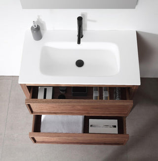 42" Natural Walnut Freestanding Bathroom Vanity with White Solid Surface Countertop Vista - Golden Elite Deco