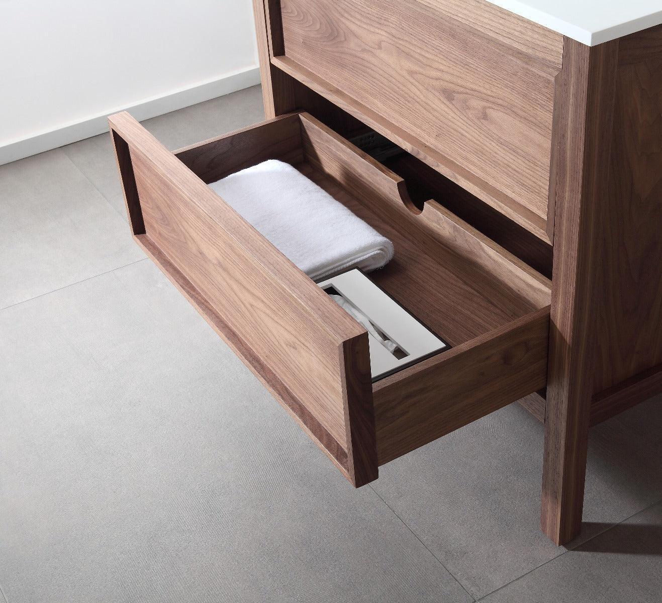 42" Natural Walnut Freestanding Bathroom Vanity with White Solid Surface Countertop Vista - Golden Elite Deco