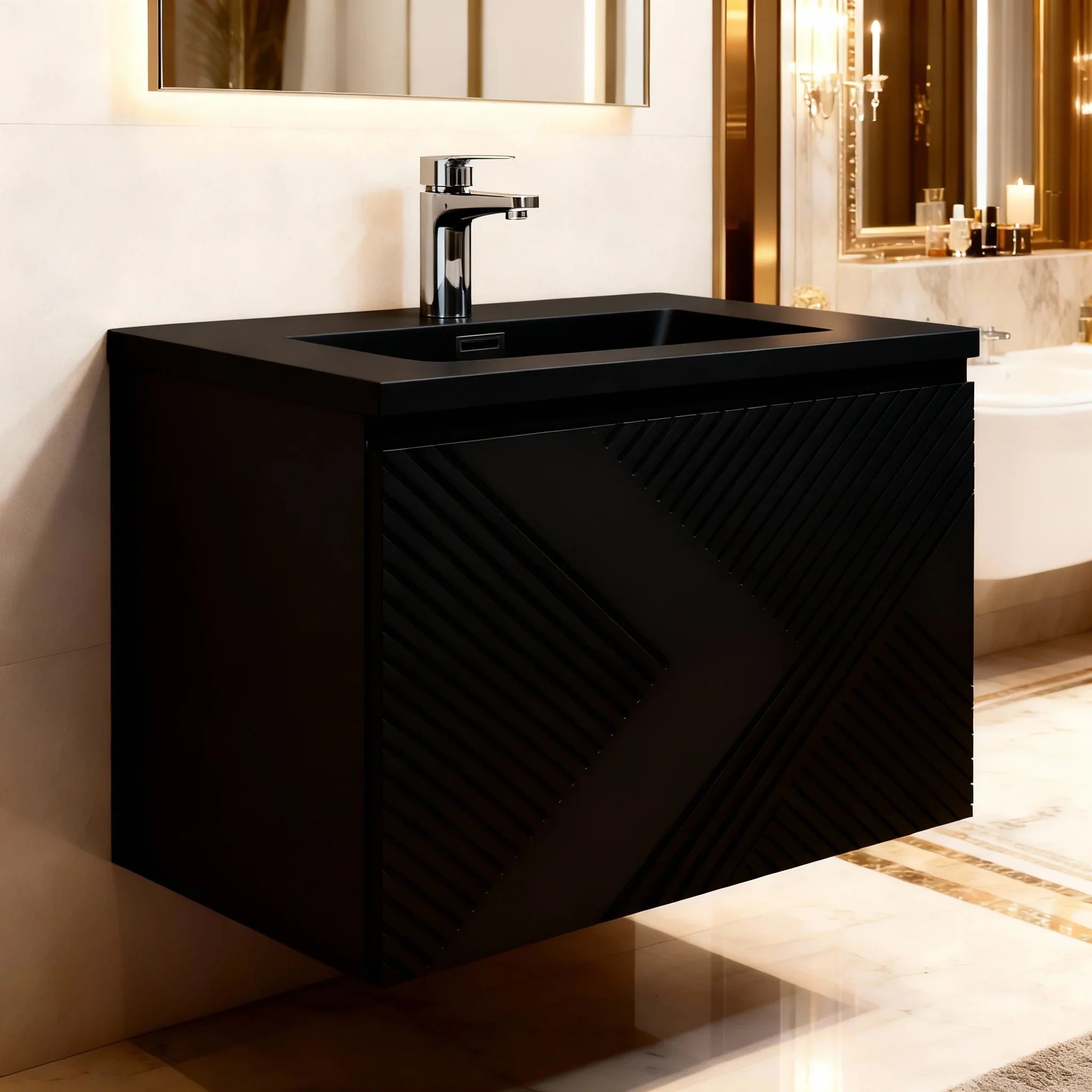 Meuble-lavabo mural noir 36" avec Comptoir en quartz noir conçu Roxboro