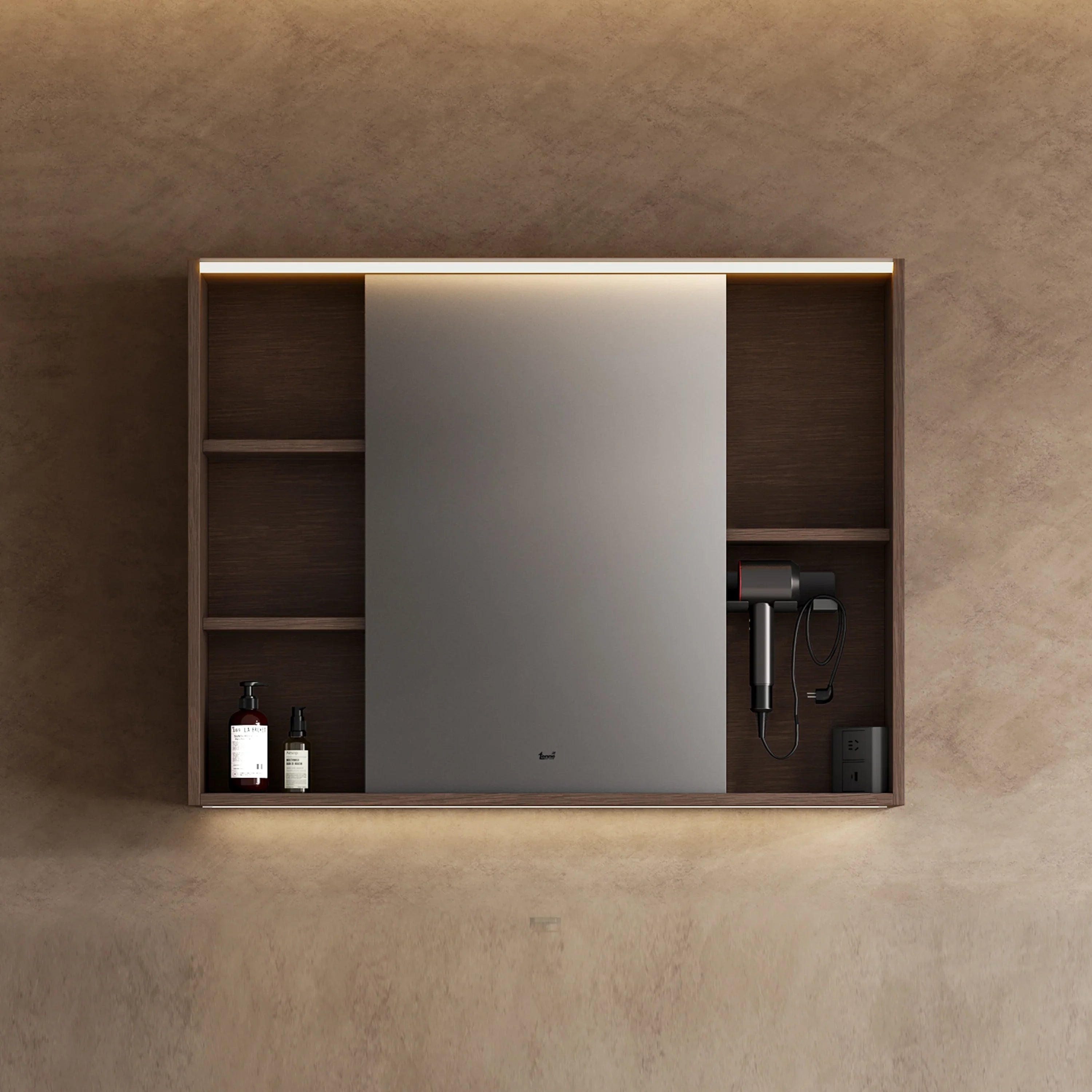 38" Brown Oak LED Mirror Cabinet with Open Shelving