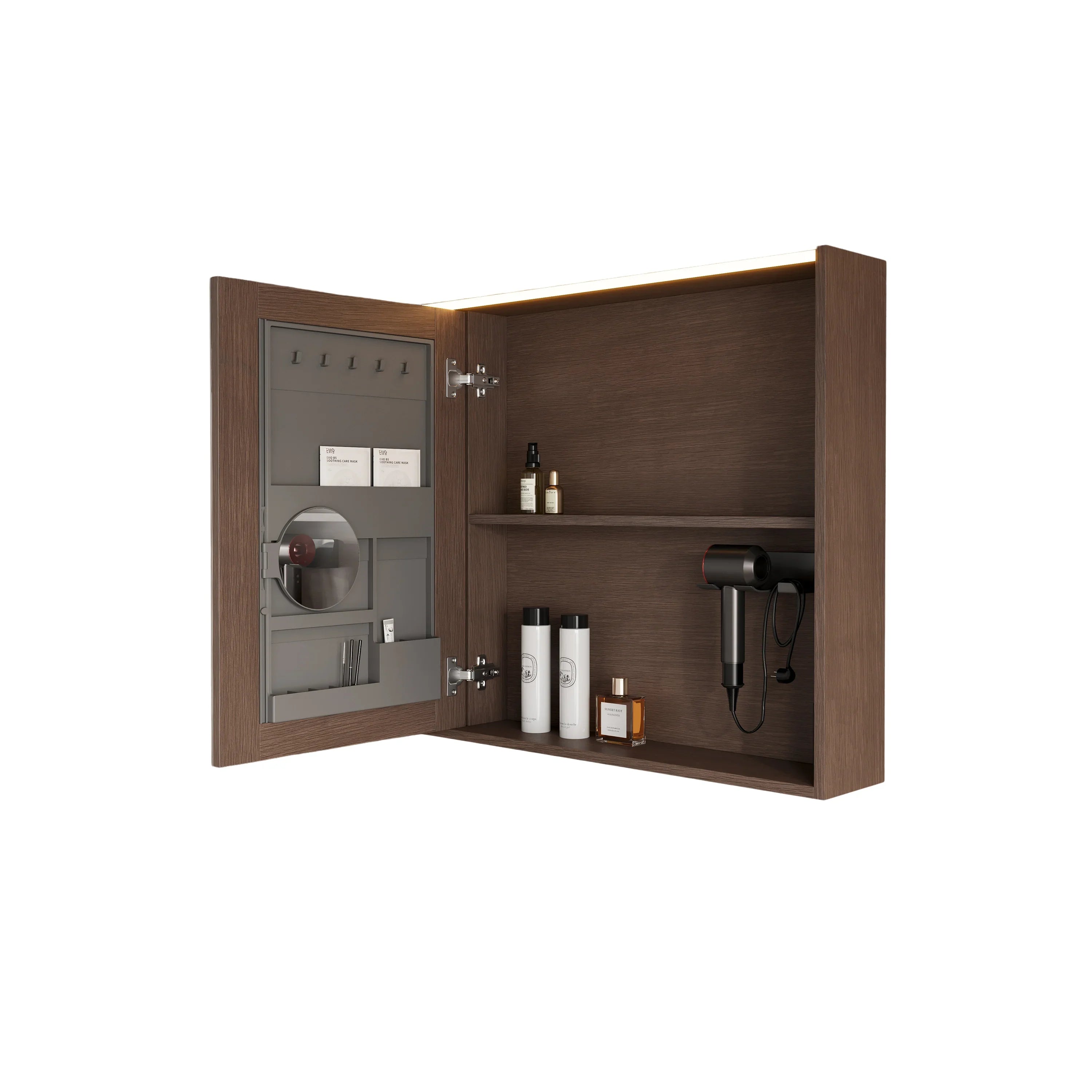 38" Brown Oak LED Mirror Cabinet with Open Shelving