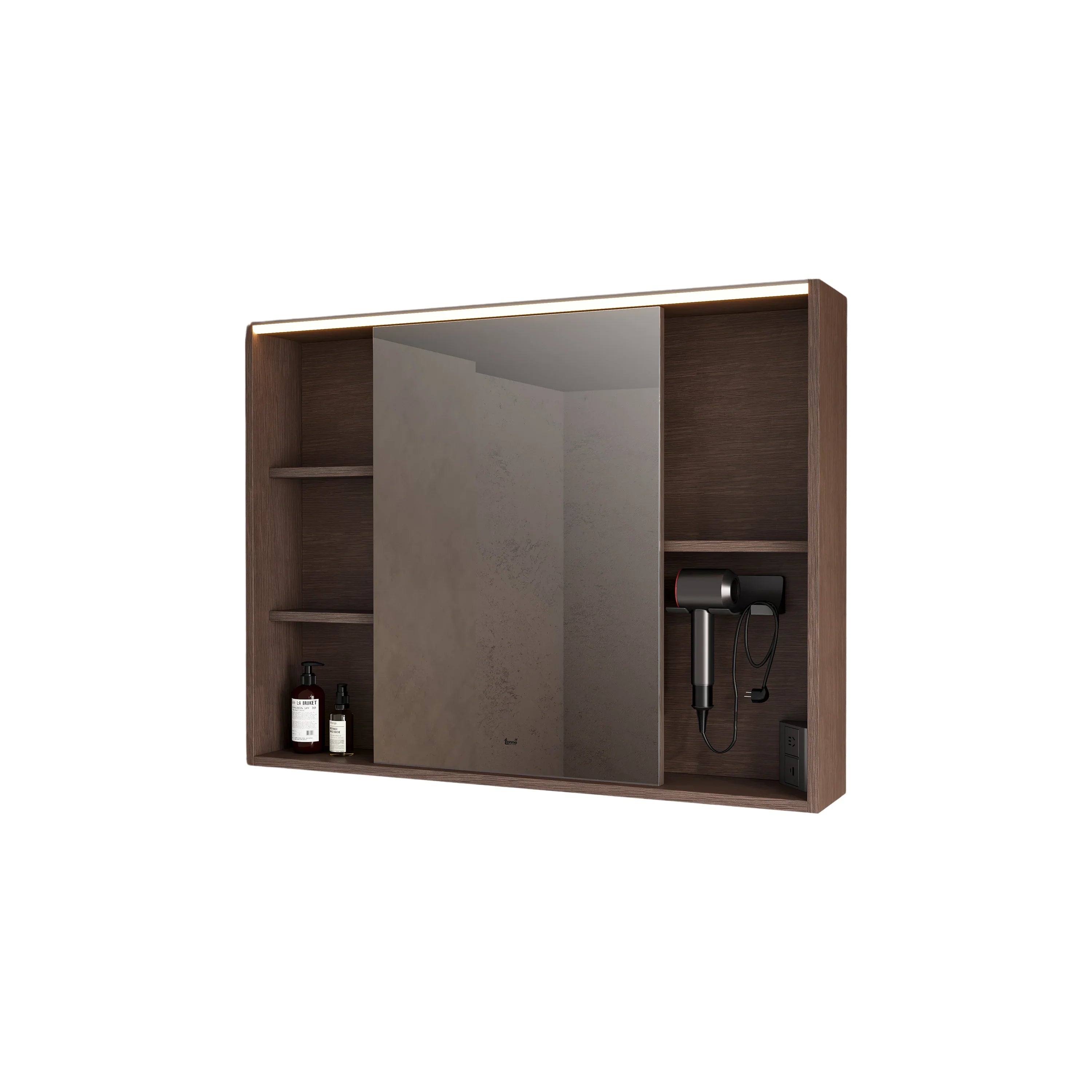 38" Brown Oak LED Mirror Cabinet with Open Shelving