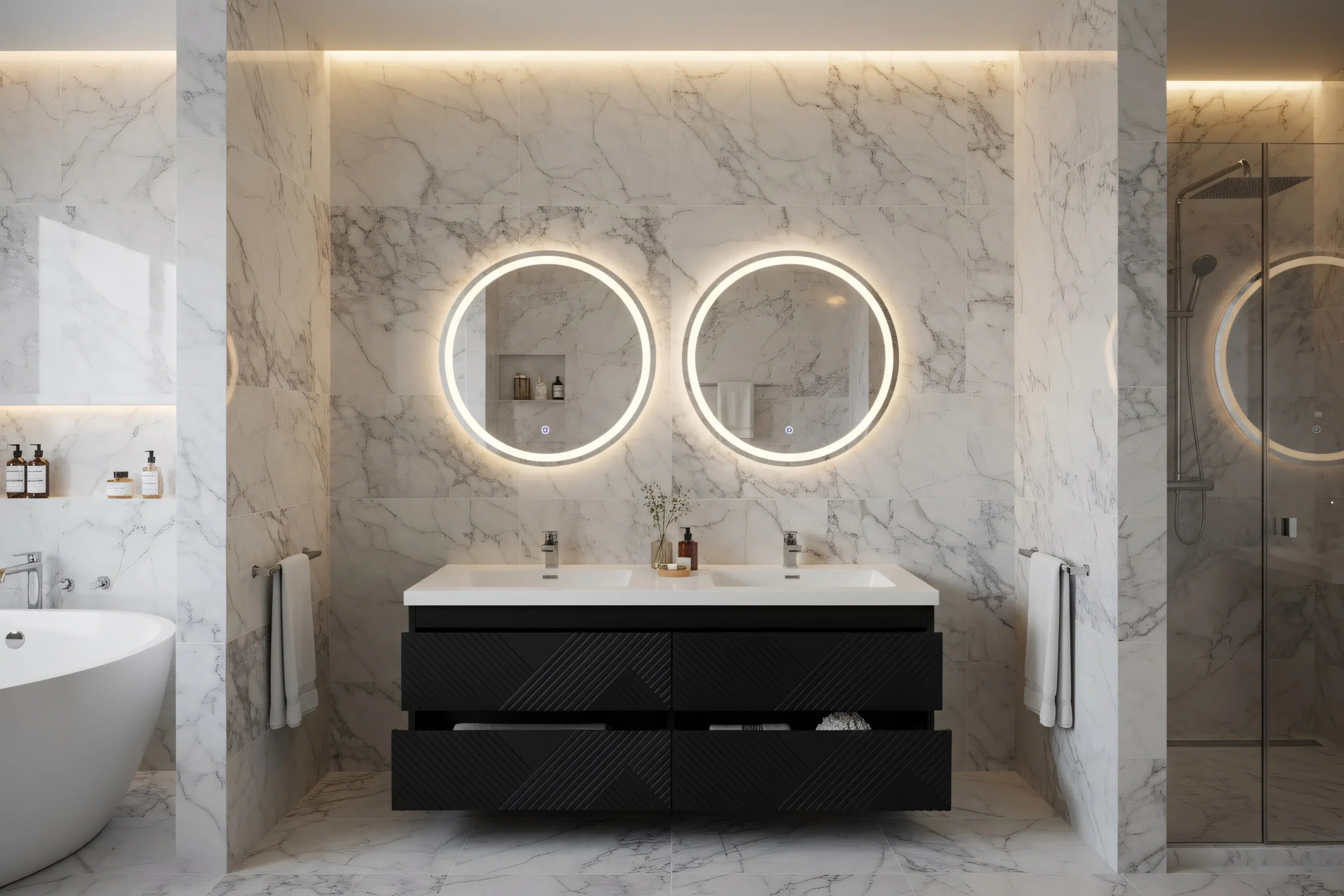 Meuble-lavabo mural noir 60" avec Comptoir en polymarbre blanc