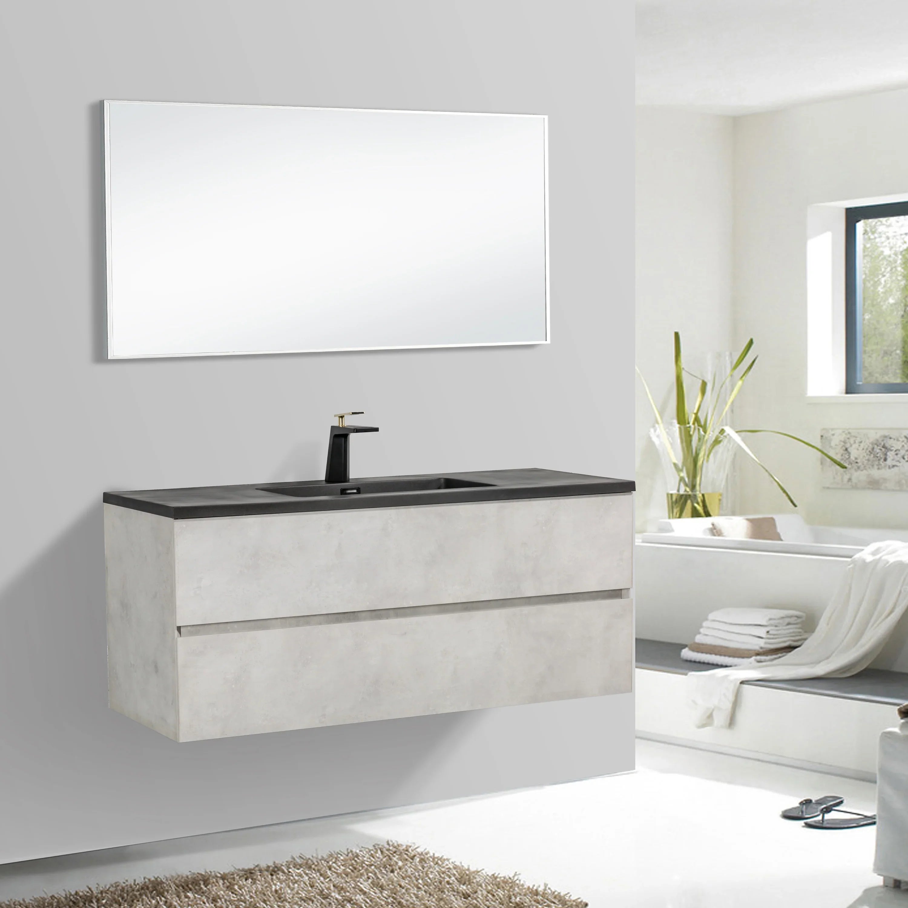 48" Grey Wall Mount Single Sink Bathroom Vanity with Black Engineered Quartz Countertop