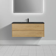48" Sunset Walnut Wall Mount Bathroom Vanity with Black Engineered Quartz Countertop