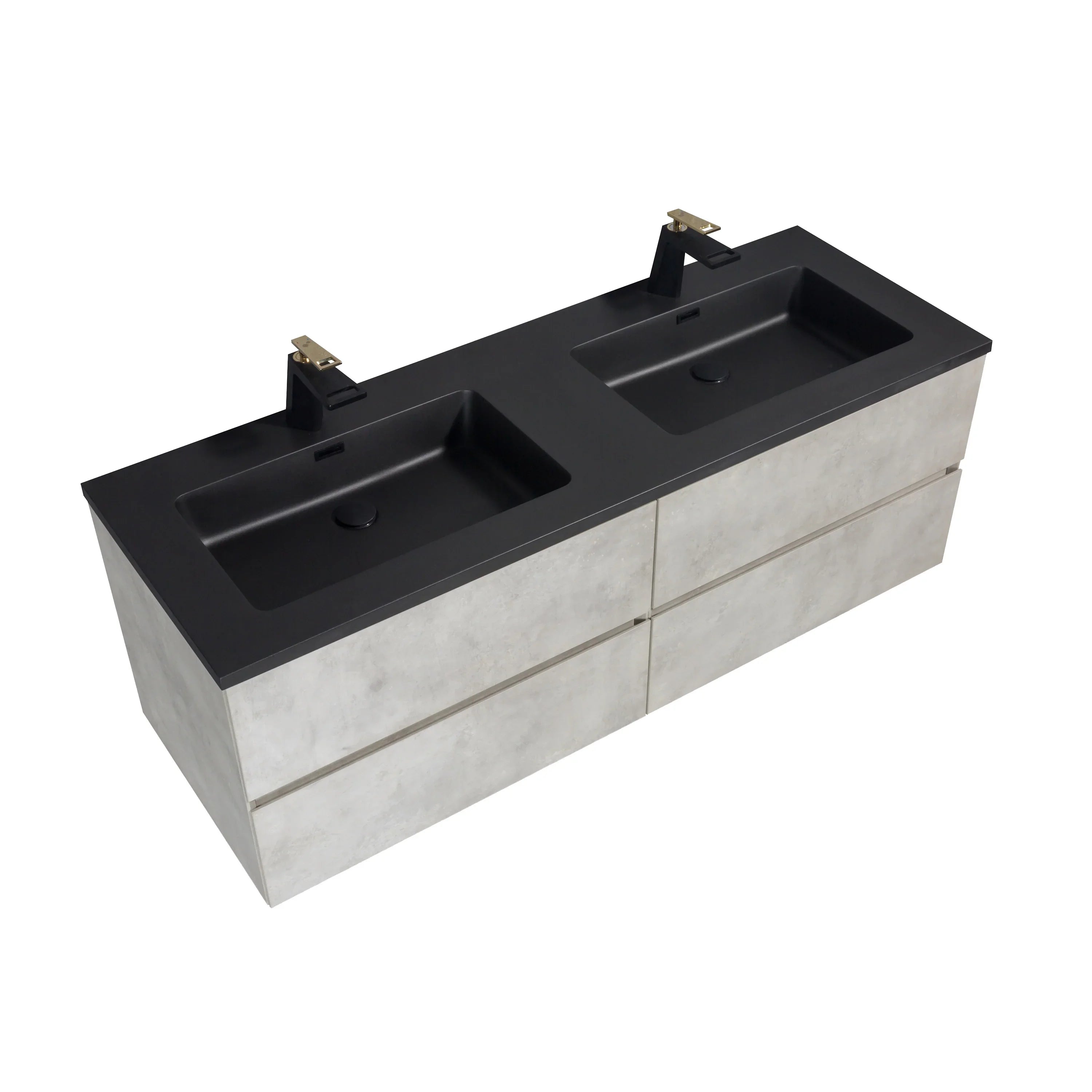 60" Grey Wall Mount Double Sink Bathroom Vanity with Black Engineered Quartz Countertop