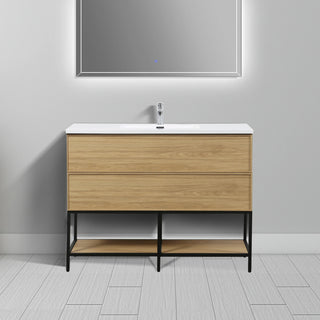 Meuble-Lavabo Mural 48po Noyer Couchant avec Comptoir de Polymarbre Blanc