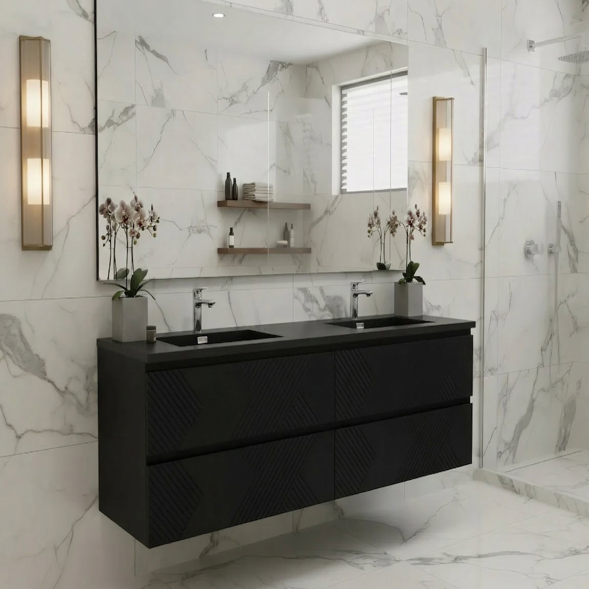 Meuble-Lavabo Double Mural 72po Noir avec Comptoir de Quartz d'ingénierie Noir