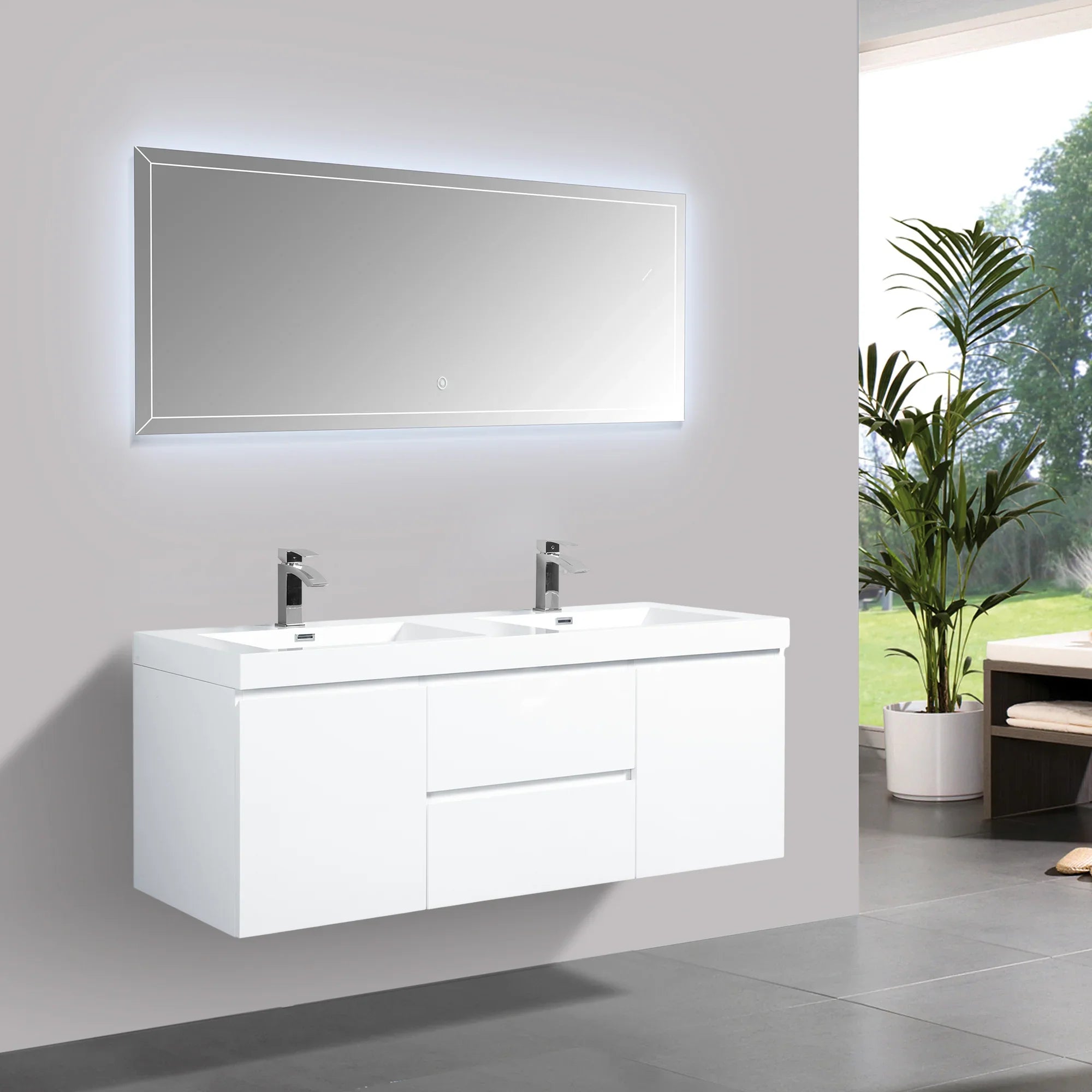 60" Glossy White Wall Mount Double Sink Bathroom Vanity with White Polymarble Countertop