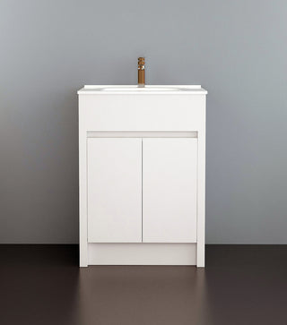 24" Matte White Freestanding Single Sink Bathroom Vanity with White Ceramic Countertop