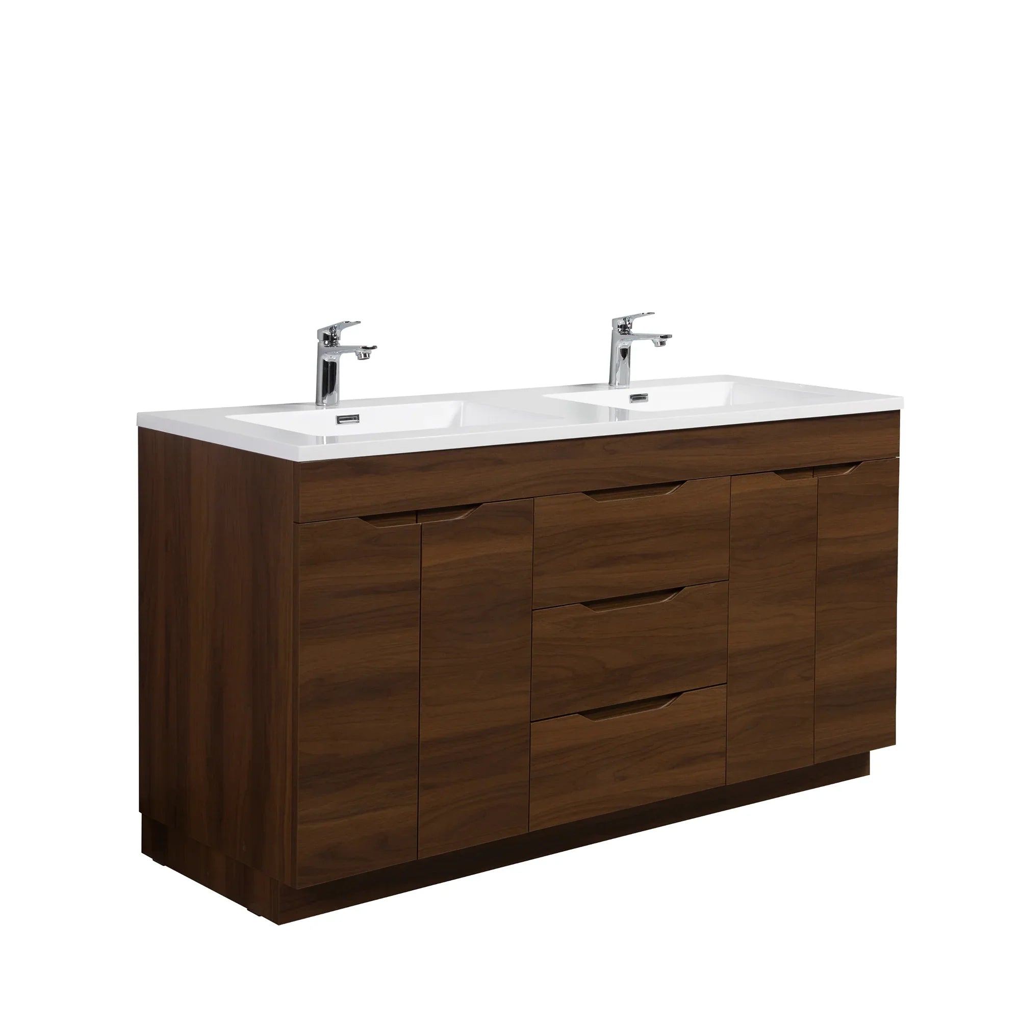 60" Walnut Freestanding Double Sink Vanity with White Polymarble Countertop - Augusta Collection
