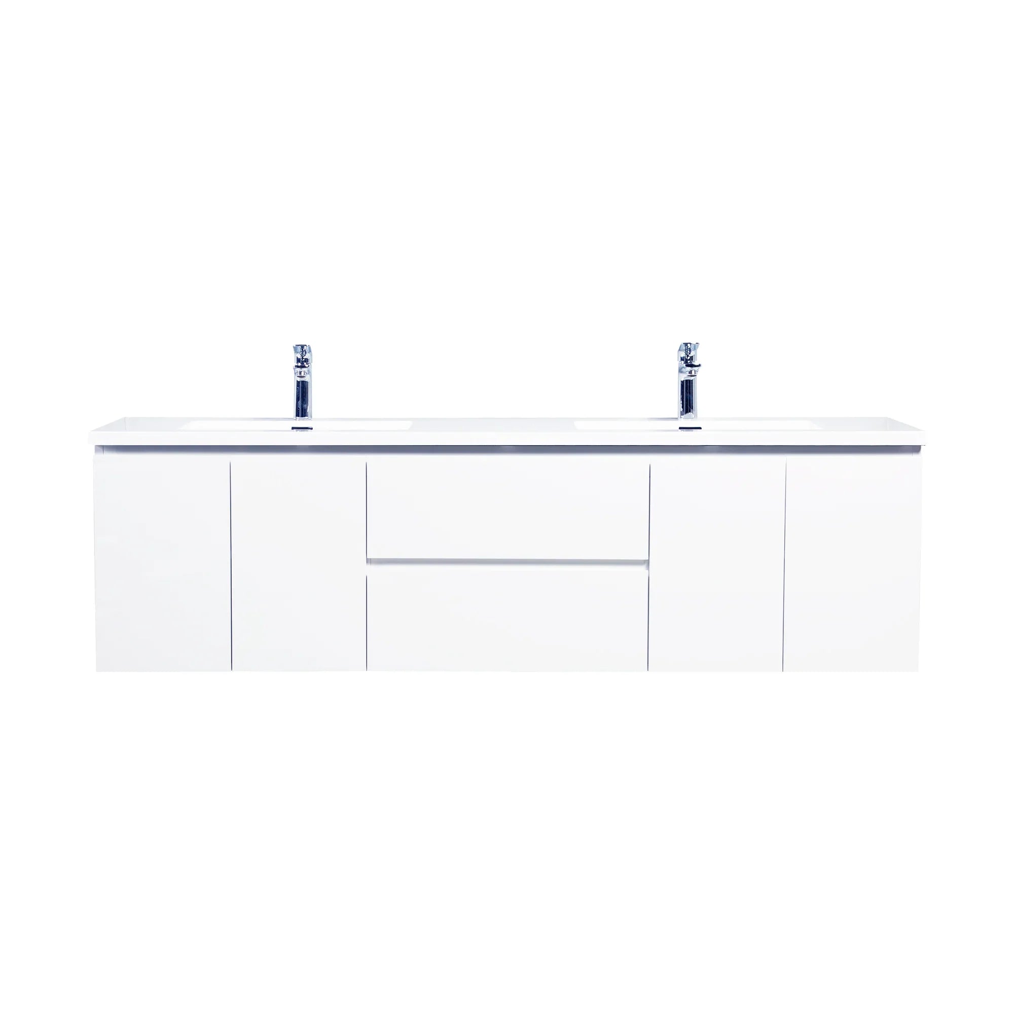 72" White Wall Mount Double Sink Bathroom Vanity with White Polymarble Countertop