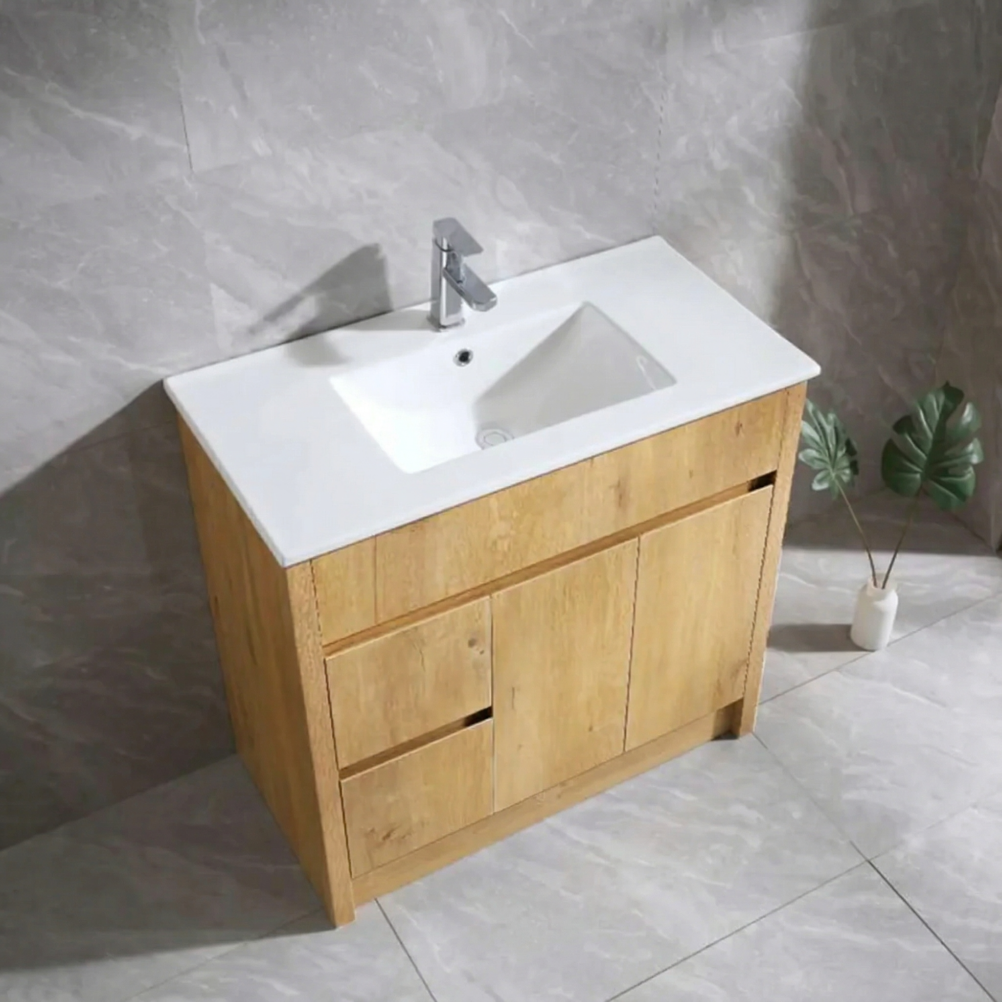 Meuble-Lavabo Autoportant 36 Chêne Givré avec Comptoir en Céramique