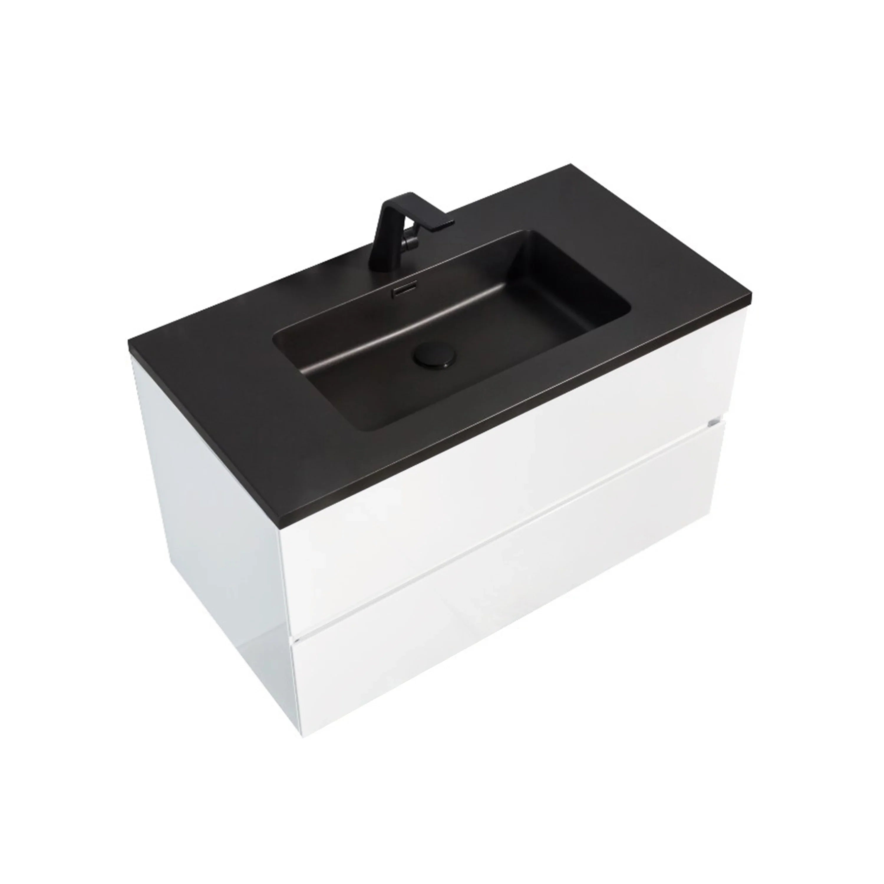 36" White Wall Mount Bathroom Vanity with Black Engineered Quartz Countertop