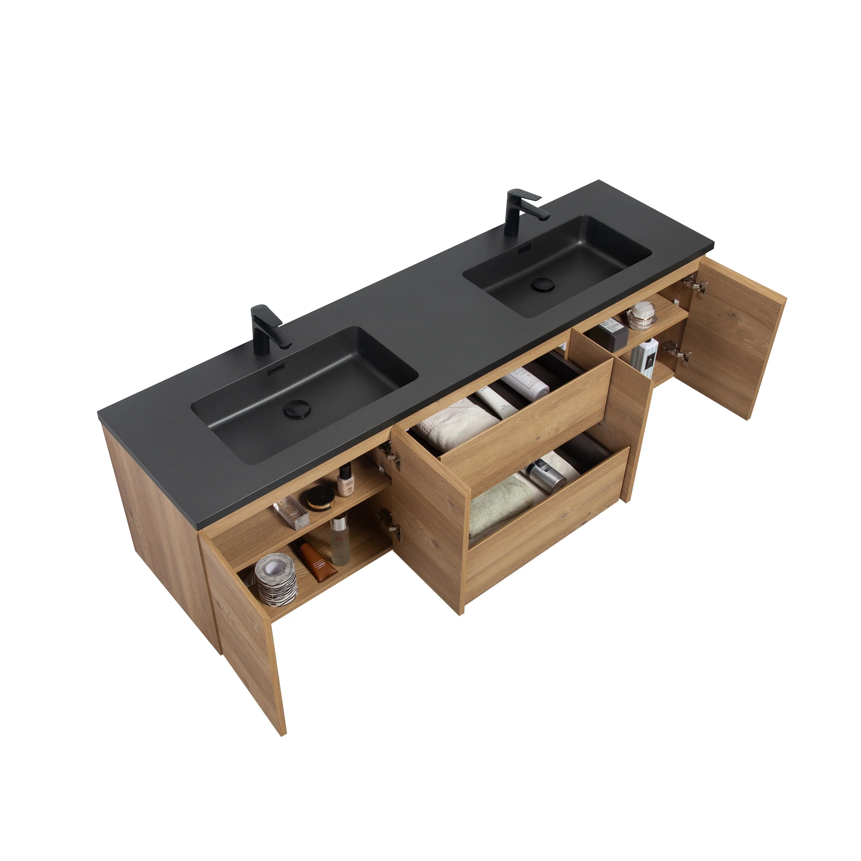 Meuble-Lavabo 72po Chêne Brut avec Comptoir de 72 Quartz Noir Lavabo Double