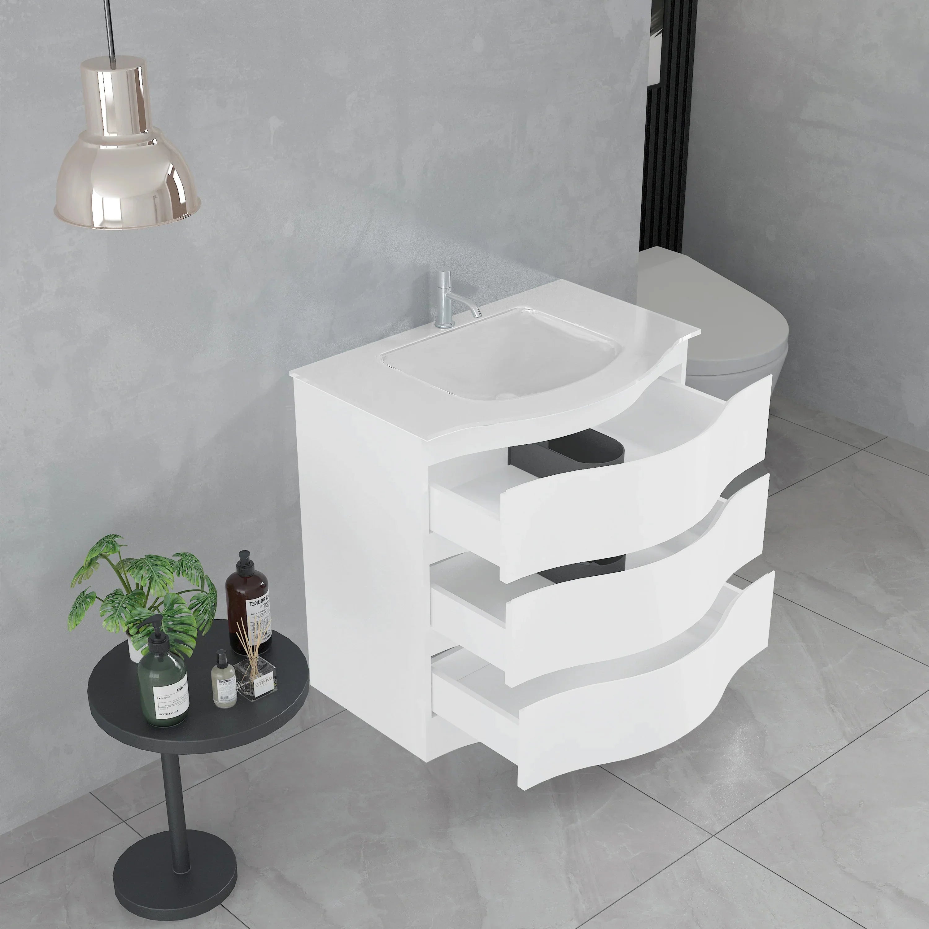 Meuble-Lavabo Autoportant 30po Blanc Mat avec Comptoir de Verre Blanc