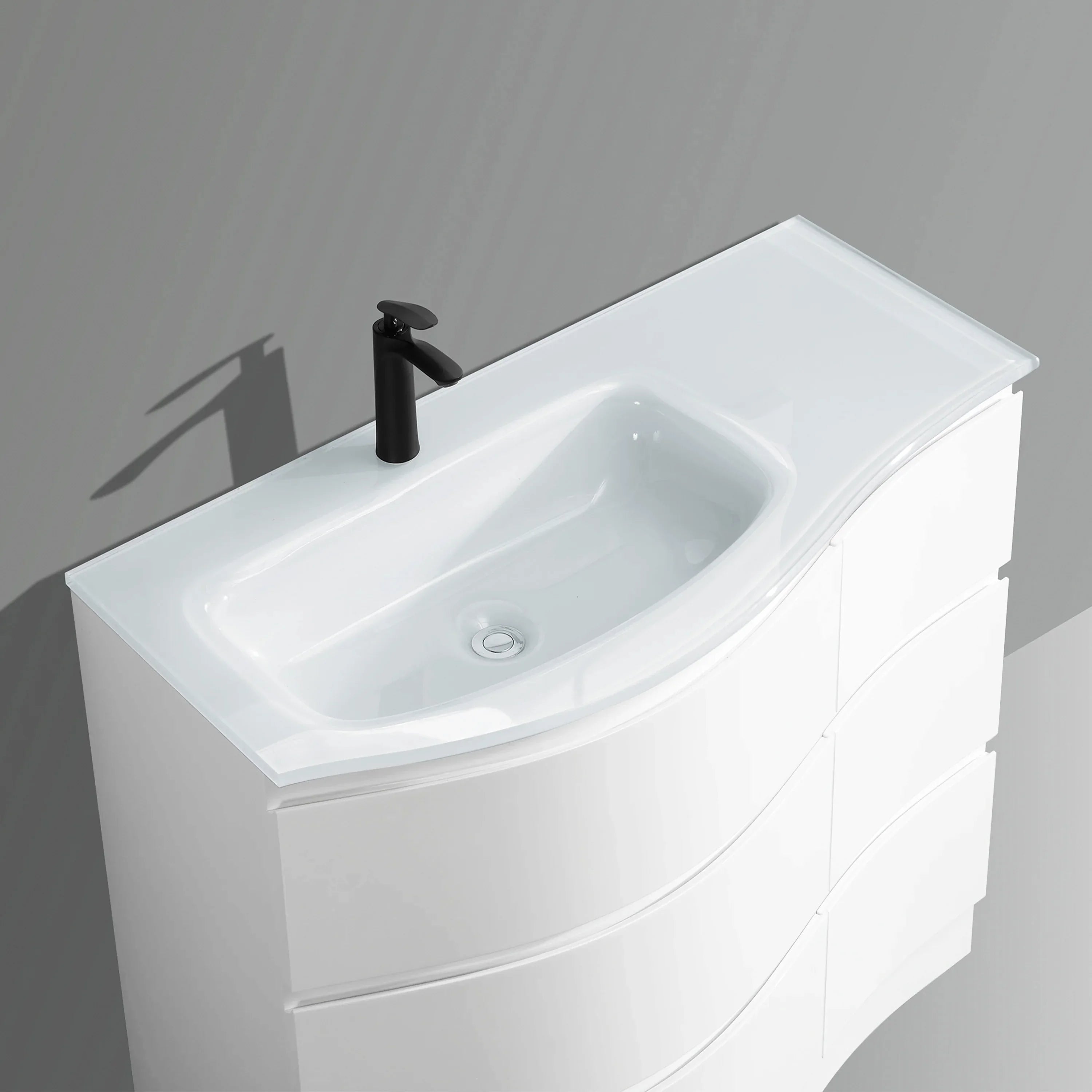 Meuble-Lavabo Autoportant 48po Blanc Mat avec Comptoir de Verre Blanc