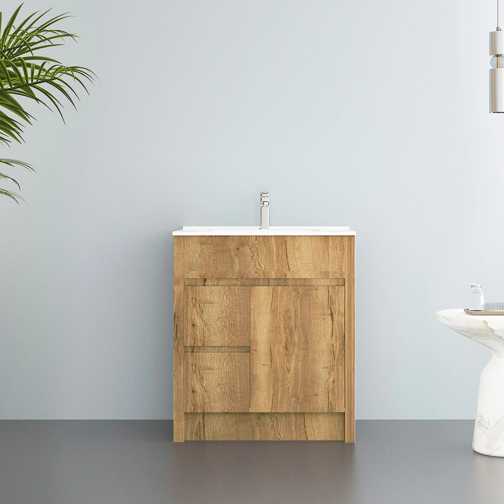 30" Frosted Oak Freestanding Bathroom Vanity with White Ceramic Countertop