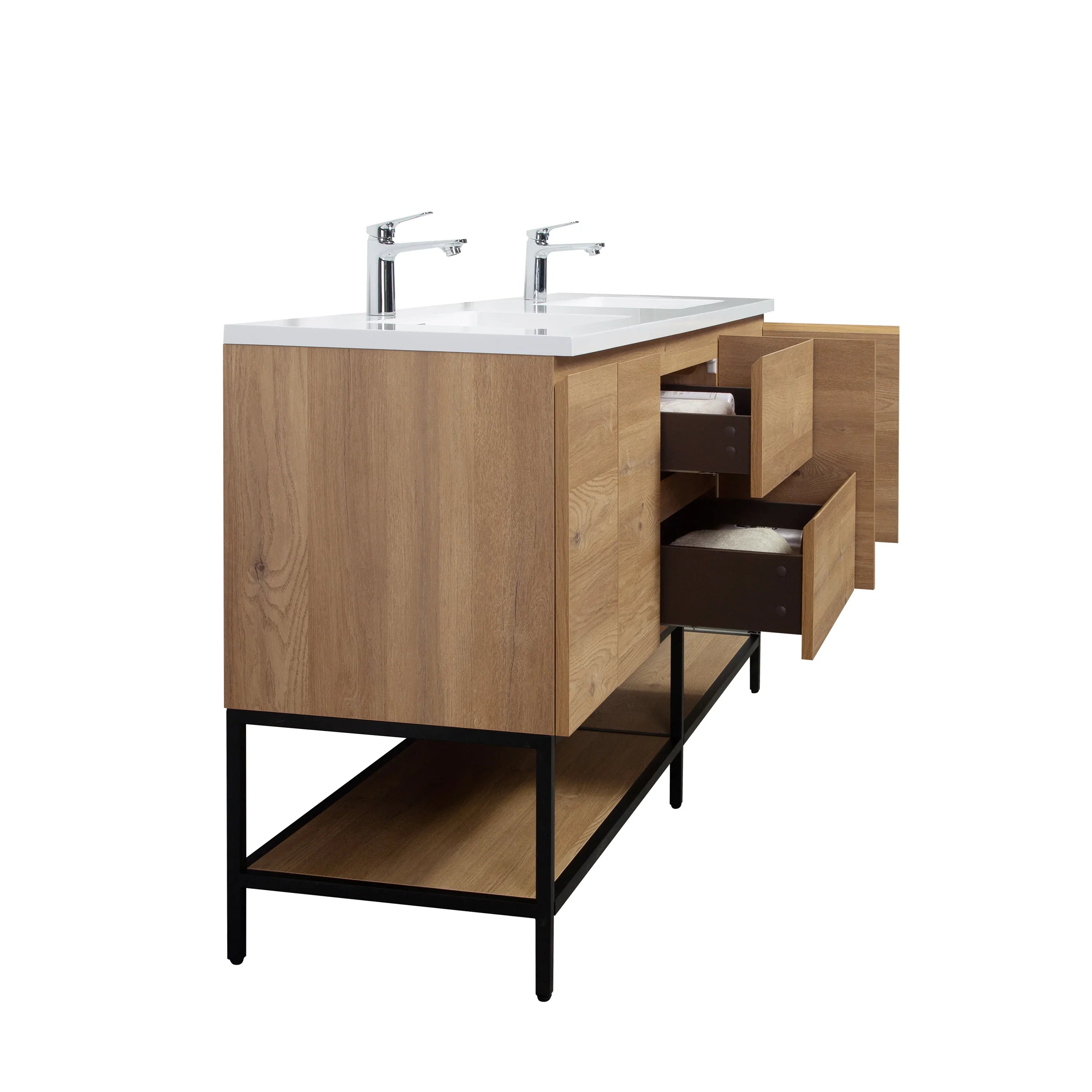 72" Rough Oak Wall Mount Double Sink Bathroom Vanity with White Polymarble Countertop