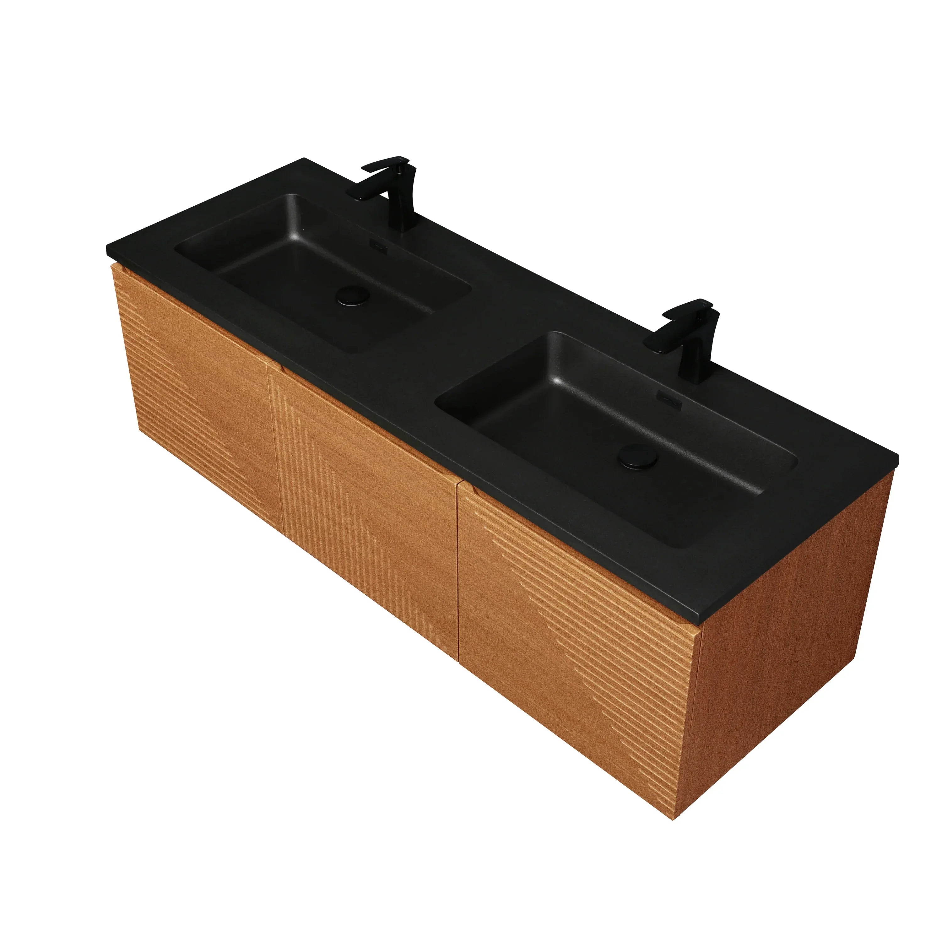 60" Light Oak Wall-Mounted Double Sink Bathroom Vanity with Black Engineered Quartz Countertop