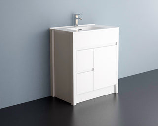 30" Matte White Freestanding Single Sink Bathroom Vanity with White Ceramic Countertop